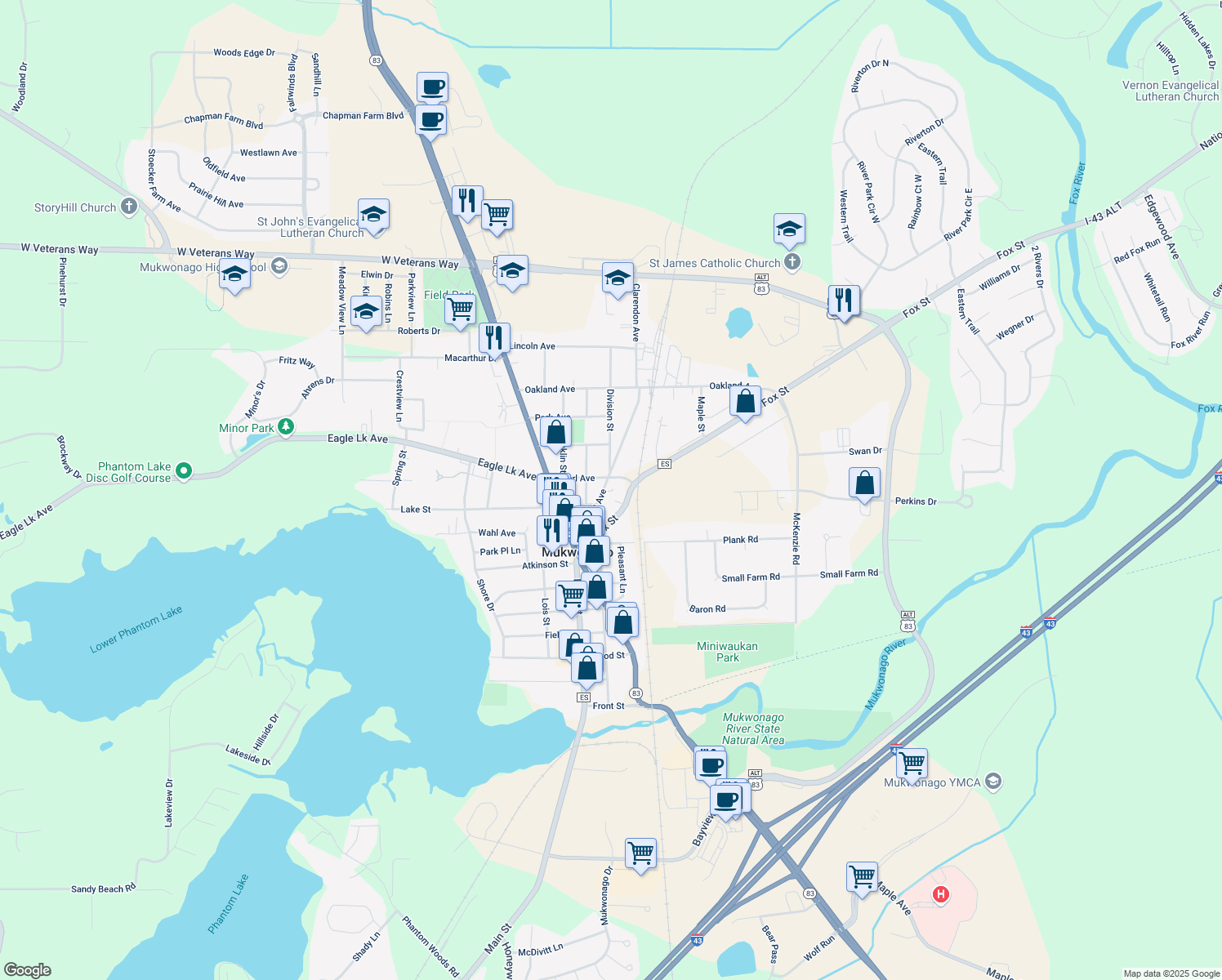 map of restaurants, bars, coffee shops, grocery stores, and more near 312 Grand Ave in Mukwonago