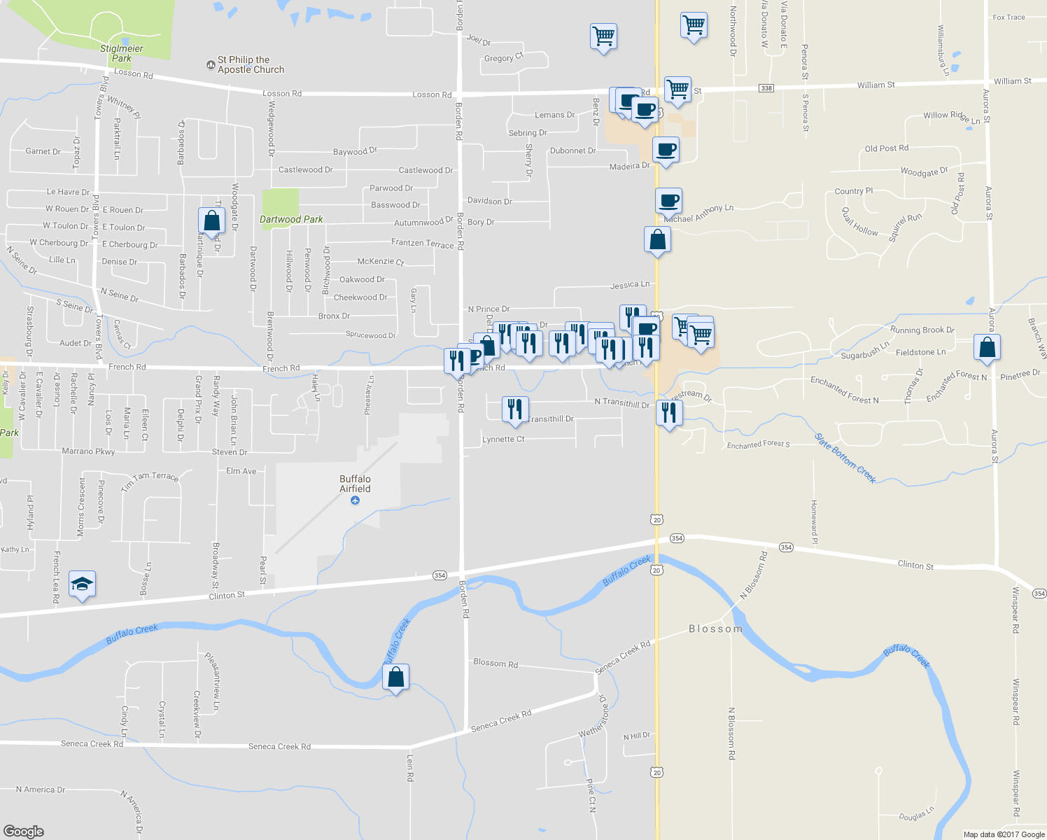 map of restaurants, bars, coffee shops, grocery stores, and more near 113 South Transithill Drive in Depew