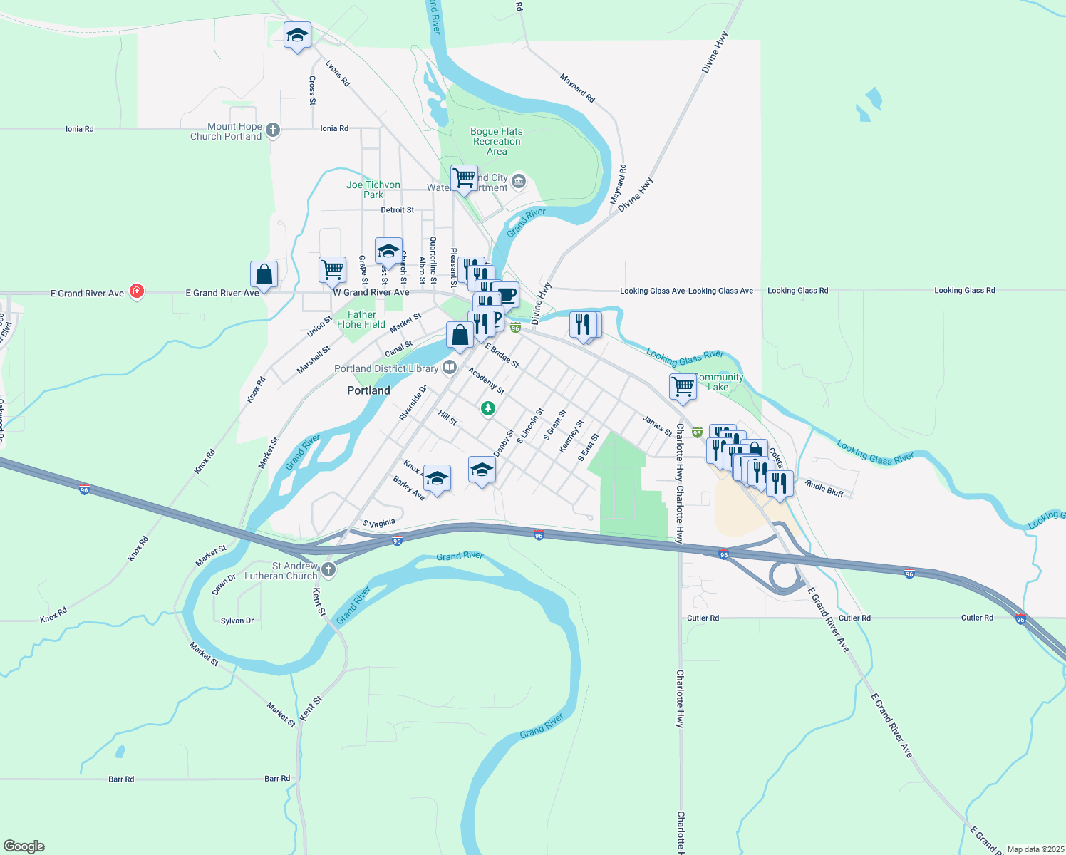 map of restaurants, bars, coffee shops, grocery stores, and more near 325 South Lincoln Street in Portland