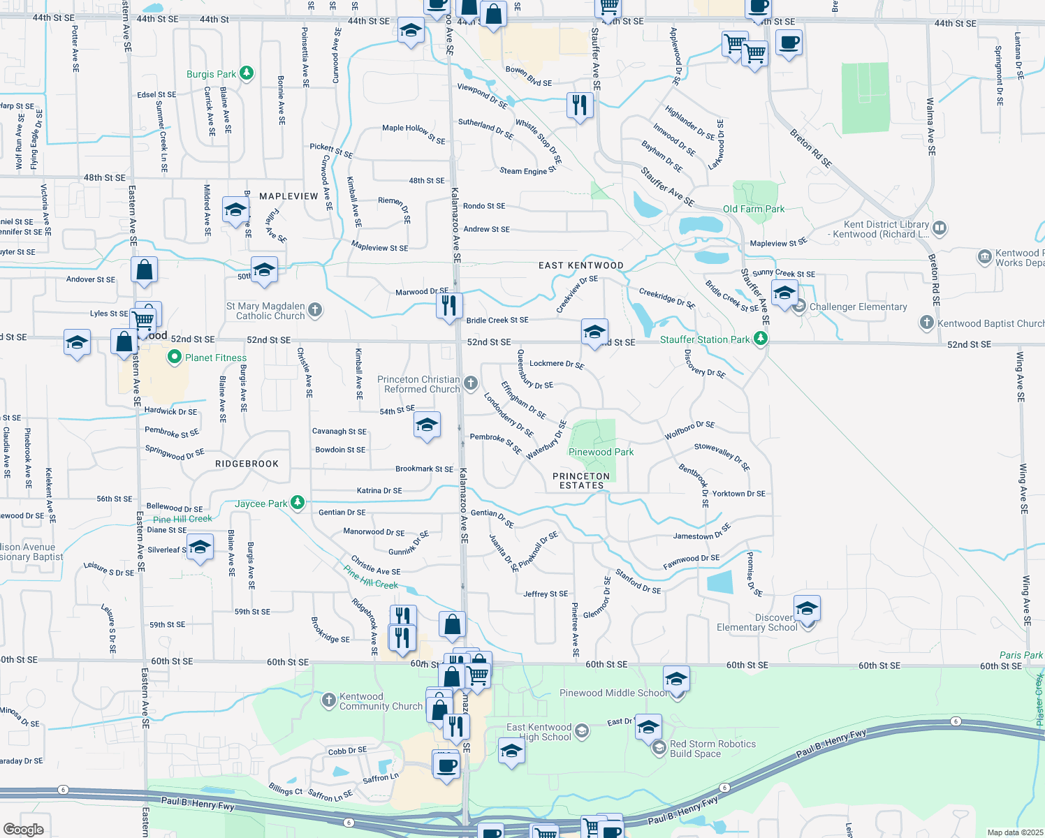 map of restaurants, bars, coffee shops, grocery stores, and more near 5412 Londonderry Dr SE in Kentwood