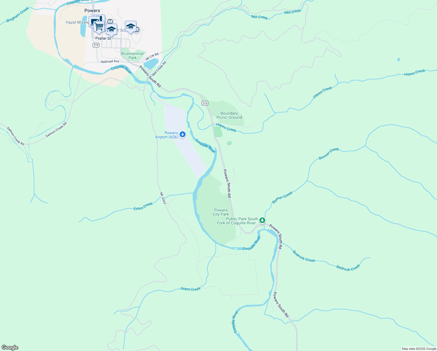map of restaurants, bars, coffee shops, grocery stores, and more near 41308 South Powers Road in Powers