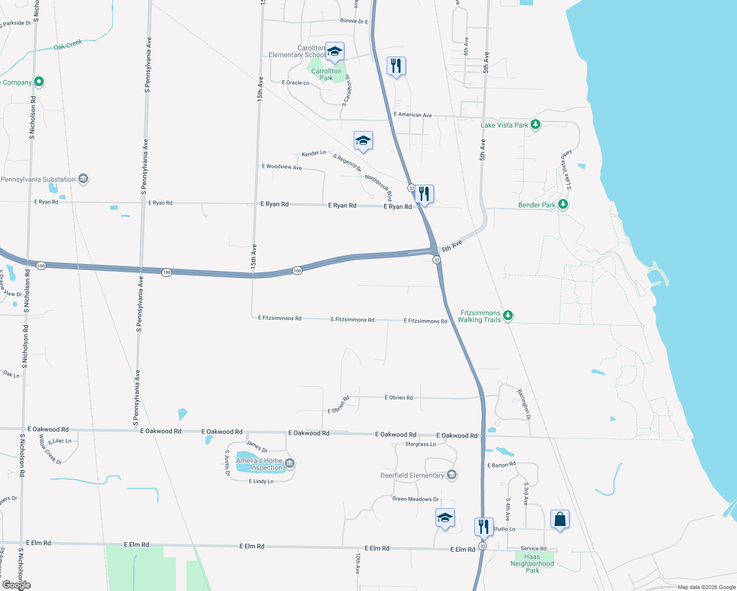 map of restaurants, bars, coffee shops, grocery stores, and more near 3603 East Garden Place in Oak Creek