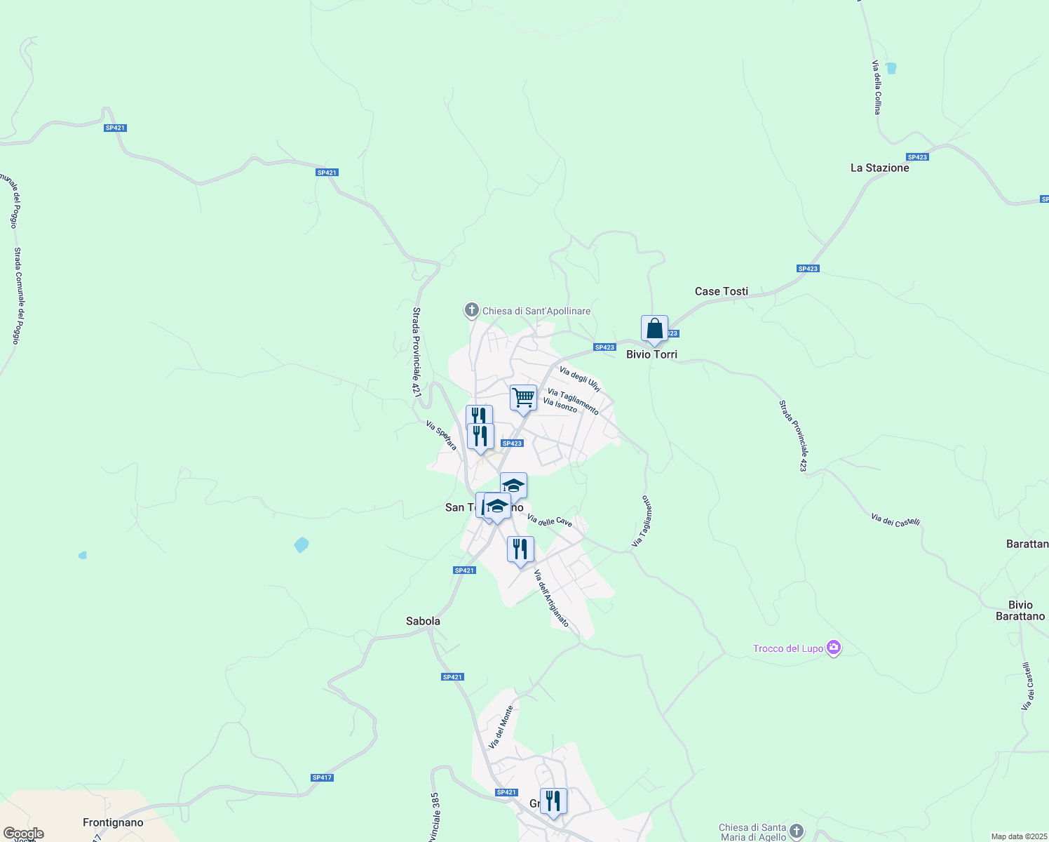 map of restaurants, bars, coffee shops, grocery stores, and more near 37 Via Roma in San Terenziano