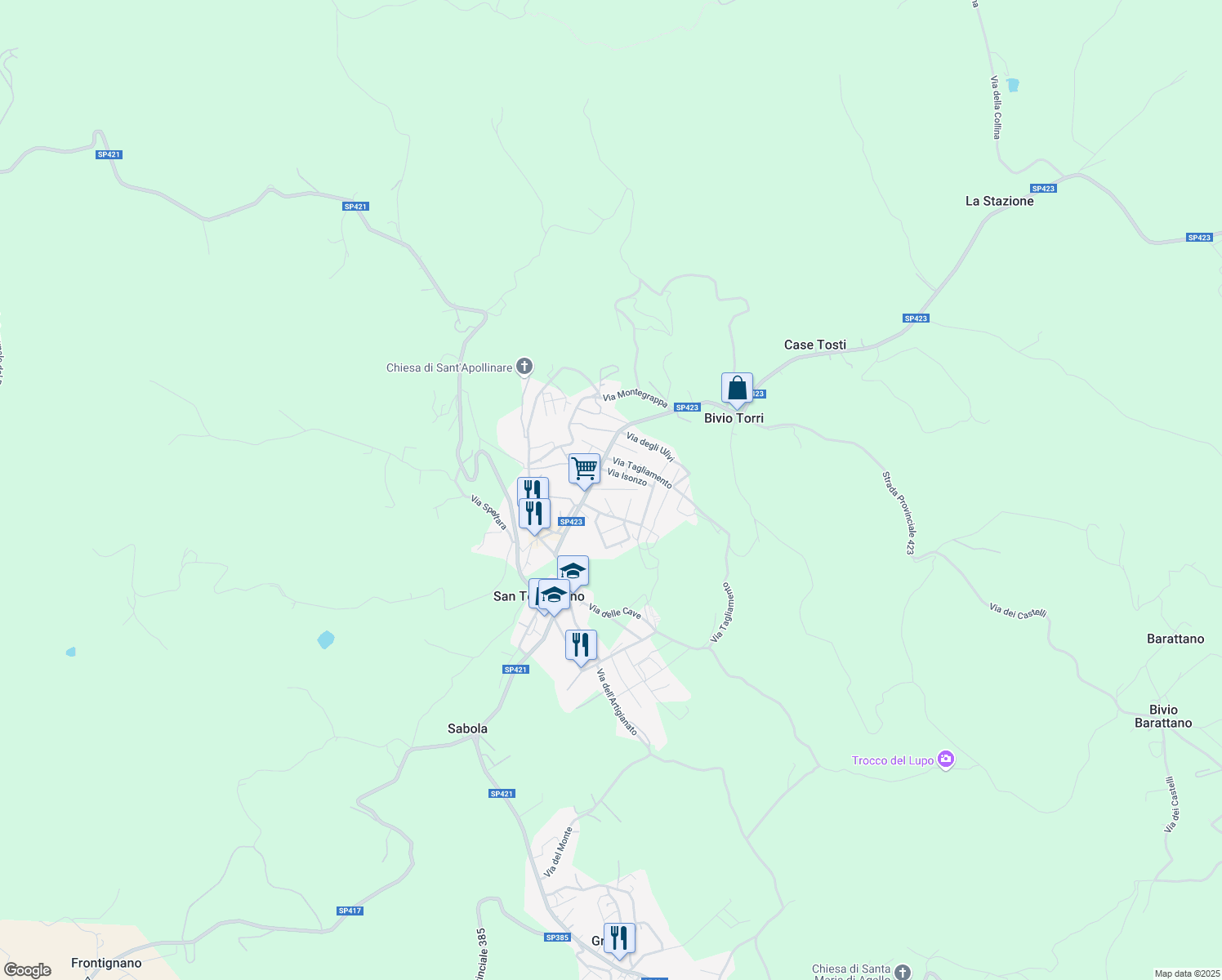 map of restaurants, bars, coffee shops, grocery stores, and more near 37 Via Roma in San Terenziano