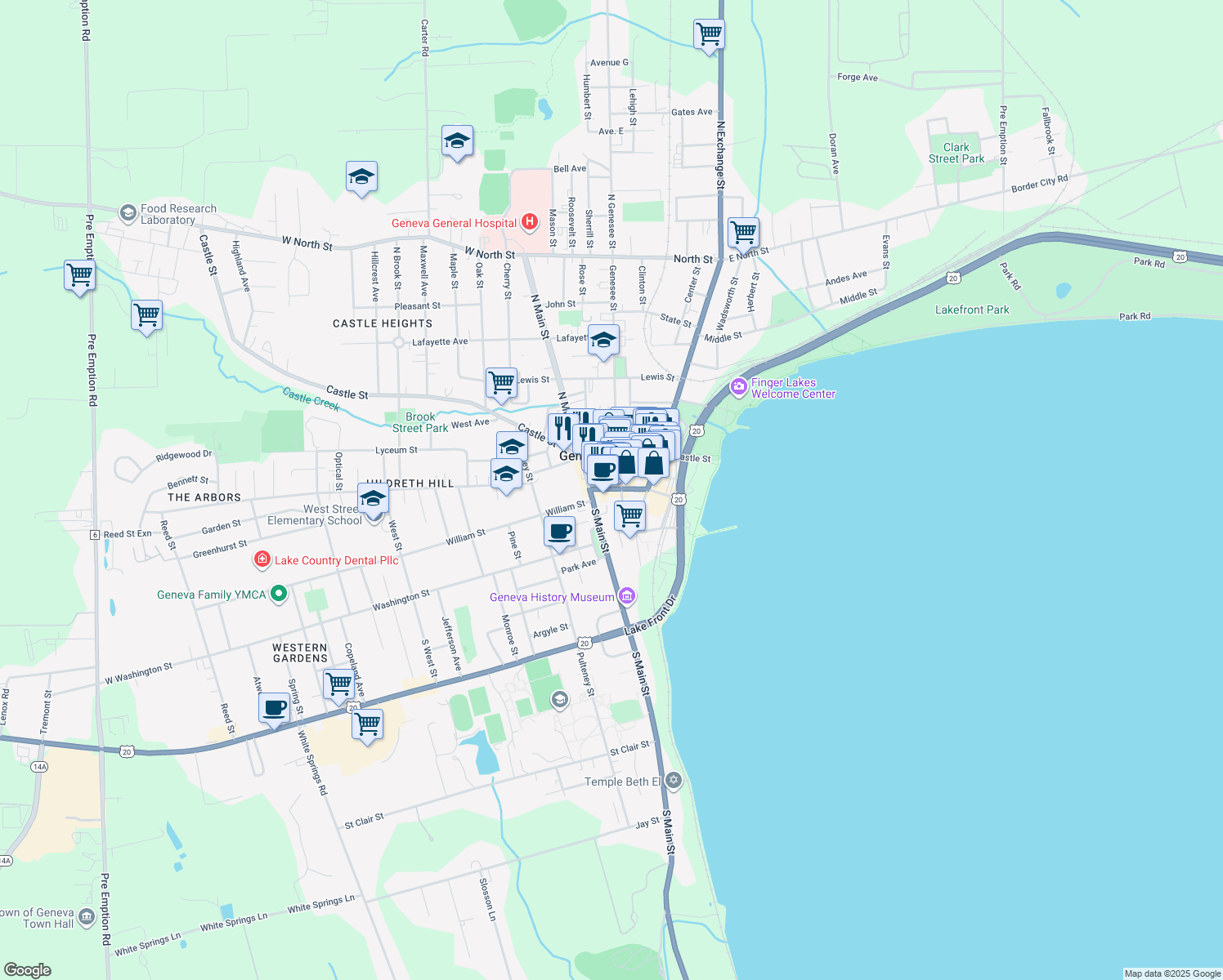 map of restaurants, bars, coffee shops, grocery stores, and more near 59 Seneca Street in Geneva