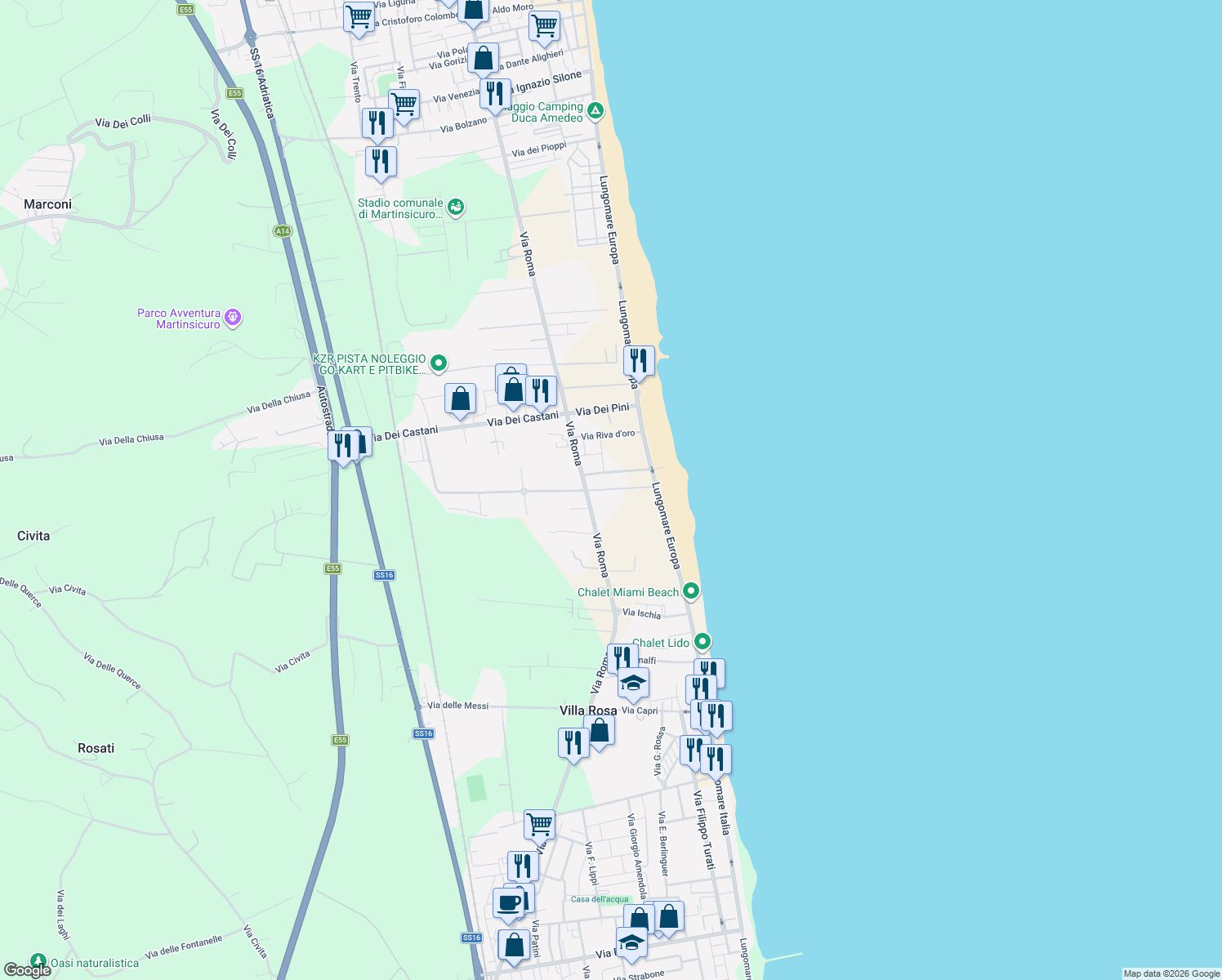 map of restaurants, bars, coffee shops, grocery stores, and more near Via del Parco in Martinsicuro