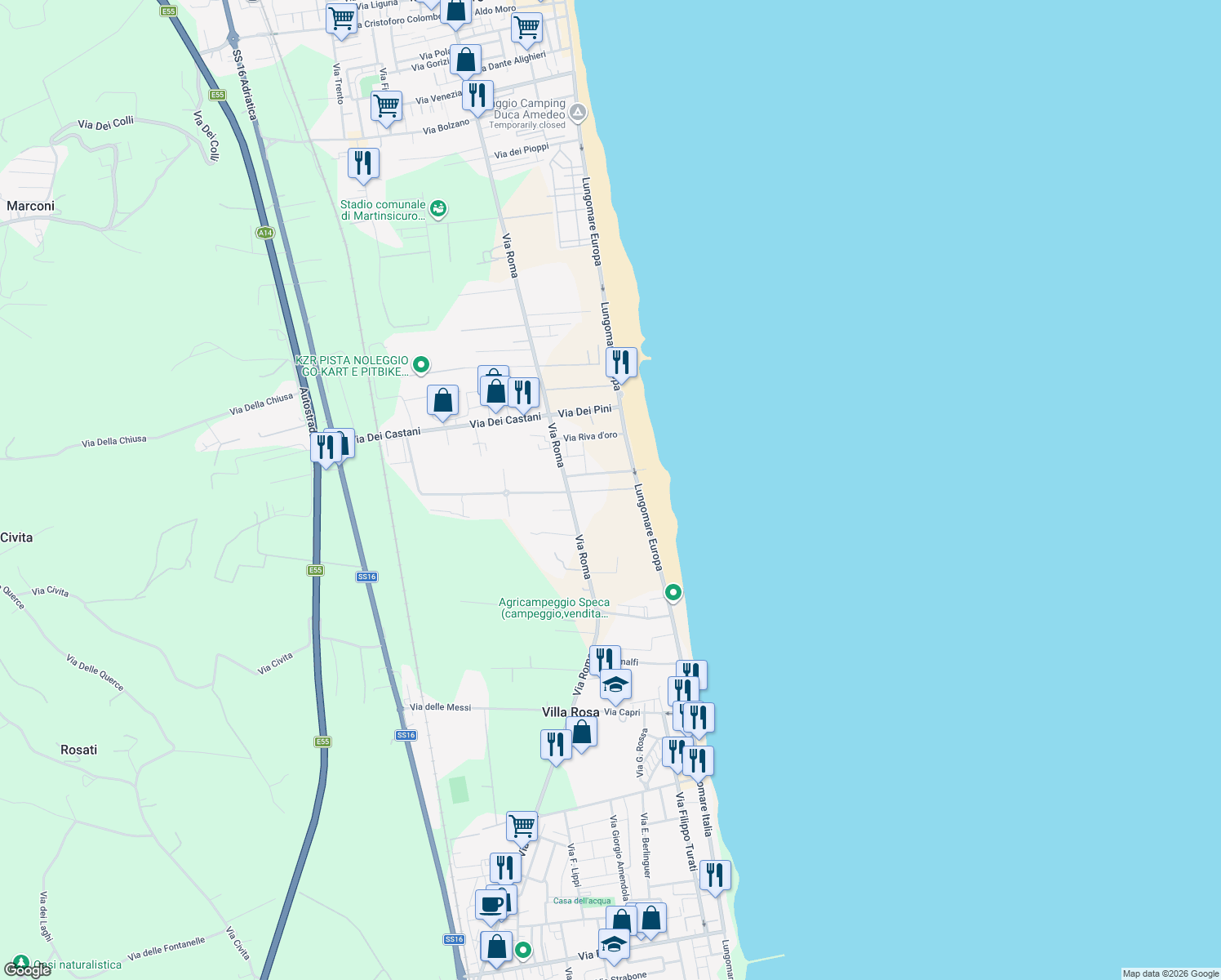 map of restaurants, bars, coffee shops, grocery stores, and more near 3 Via del Parco in Martinsicuro