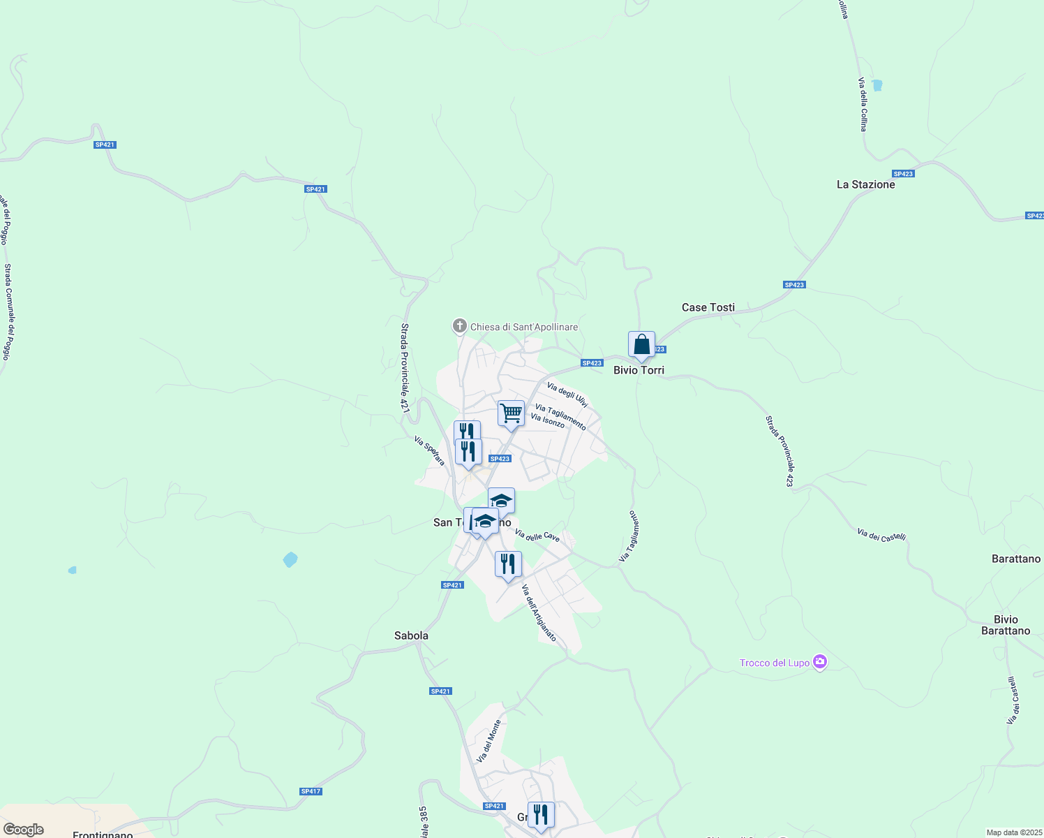 map of restaurants, bars, coffee shops, grocery stores, and more near 37 Via Roma in San Terenziano