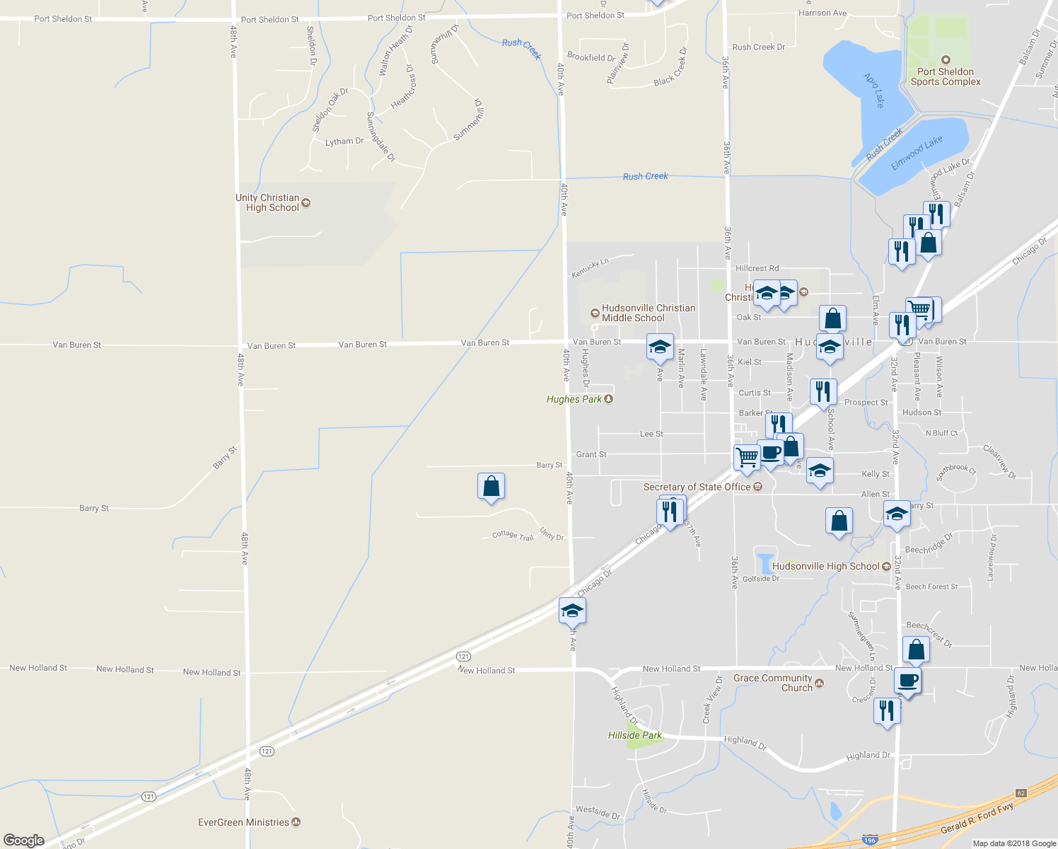 map of restaurants, bars, coffee shops, grocery stores, and more near 5391 40th Avenue in Hudsonville