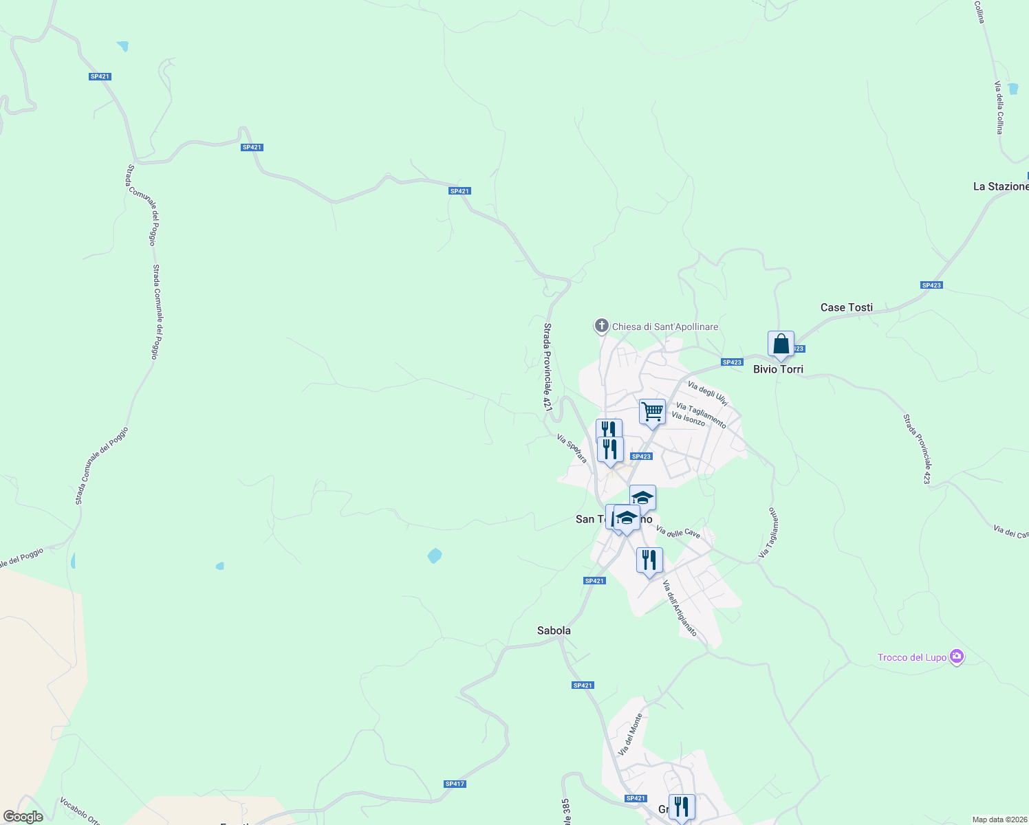 map of restaurants, bars, coffee shops, grocery stores, and more near 1 Via Manzano in Provincia di Perugia
