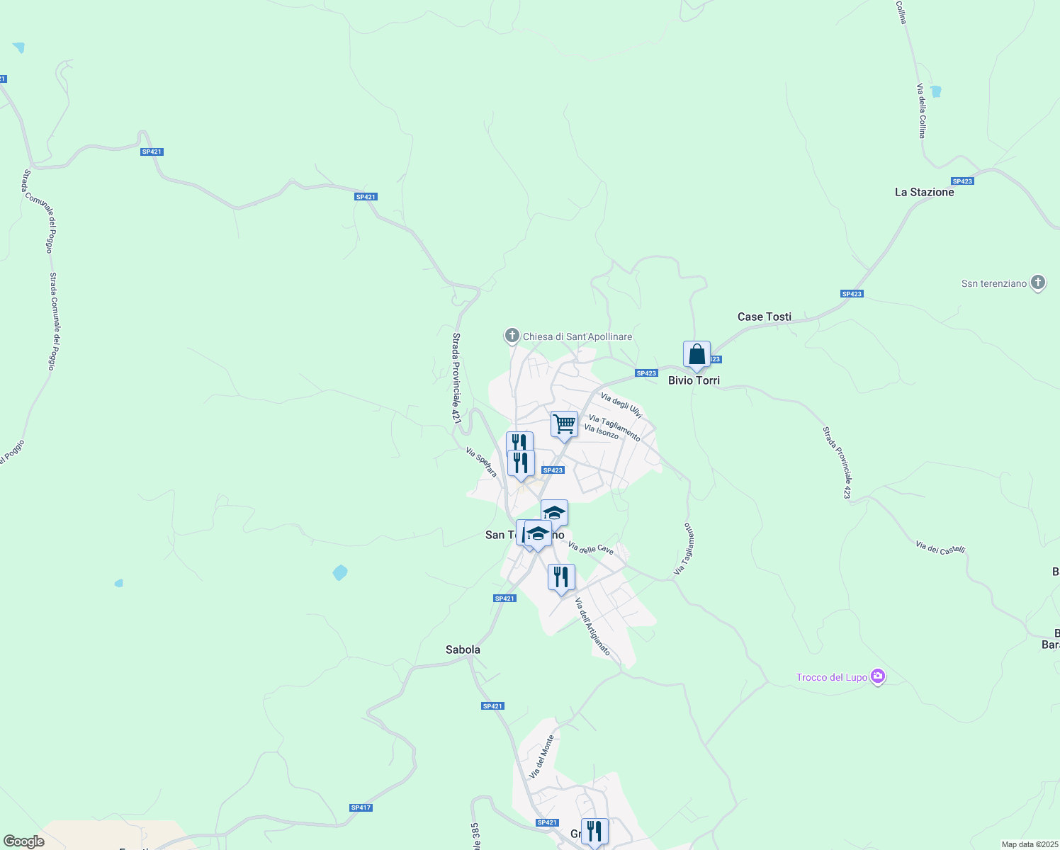 map of restaurants, bars, coffee shops, grocery stores, and more near 28 Via del Campanile in San Terenziano