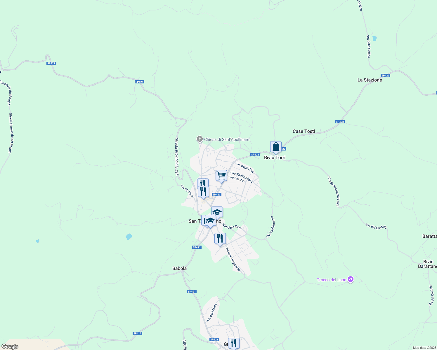map of restaurants, bars, coffee shops, grocery stores, and more near 45 Via Roma in San Terenziano