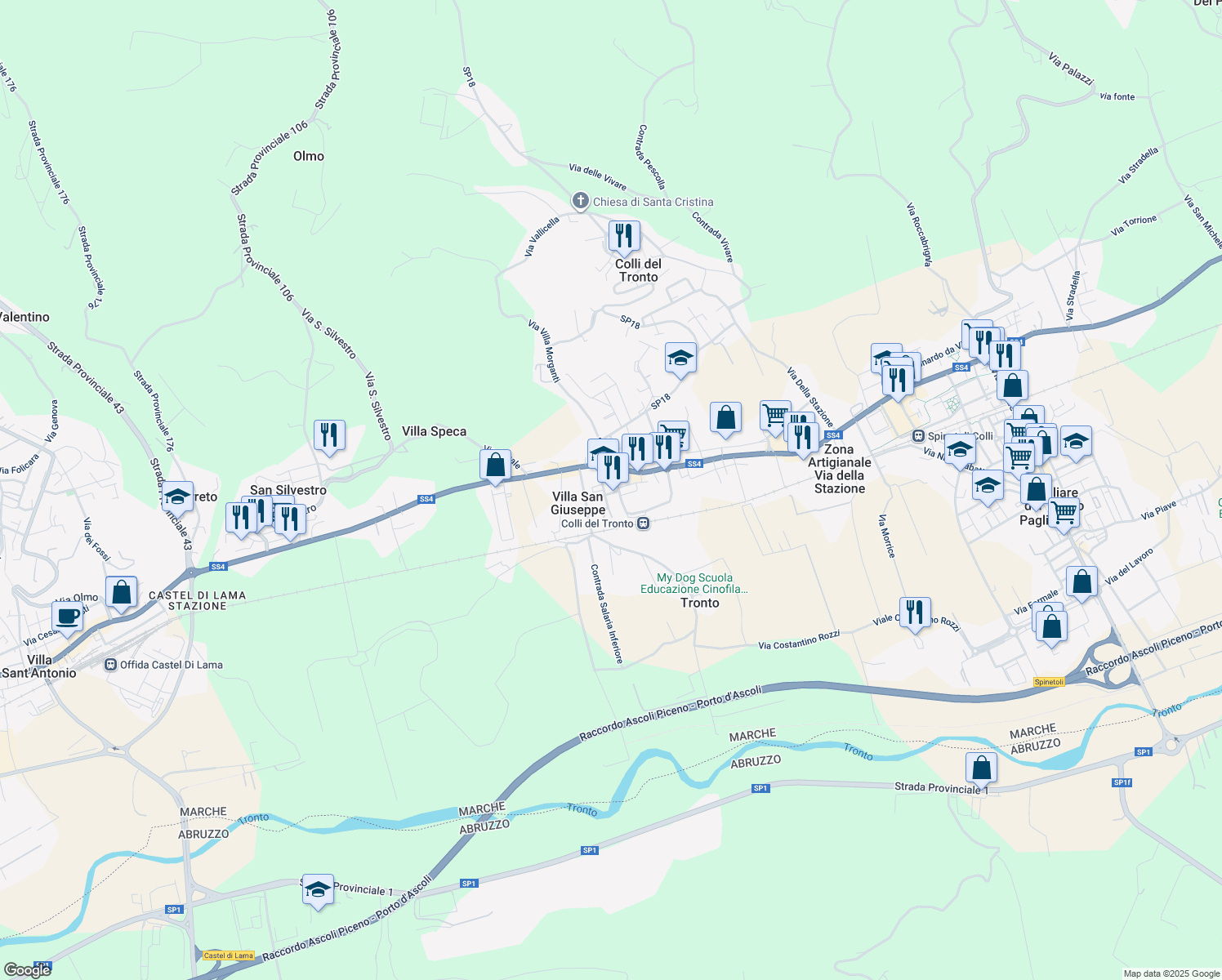 map of restaurants, bars, coffee shops, grocery stores, and more near 2 Via Alcide De Gasperi in Villa San Giuseppe