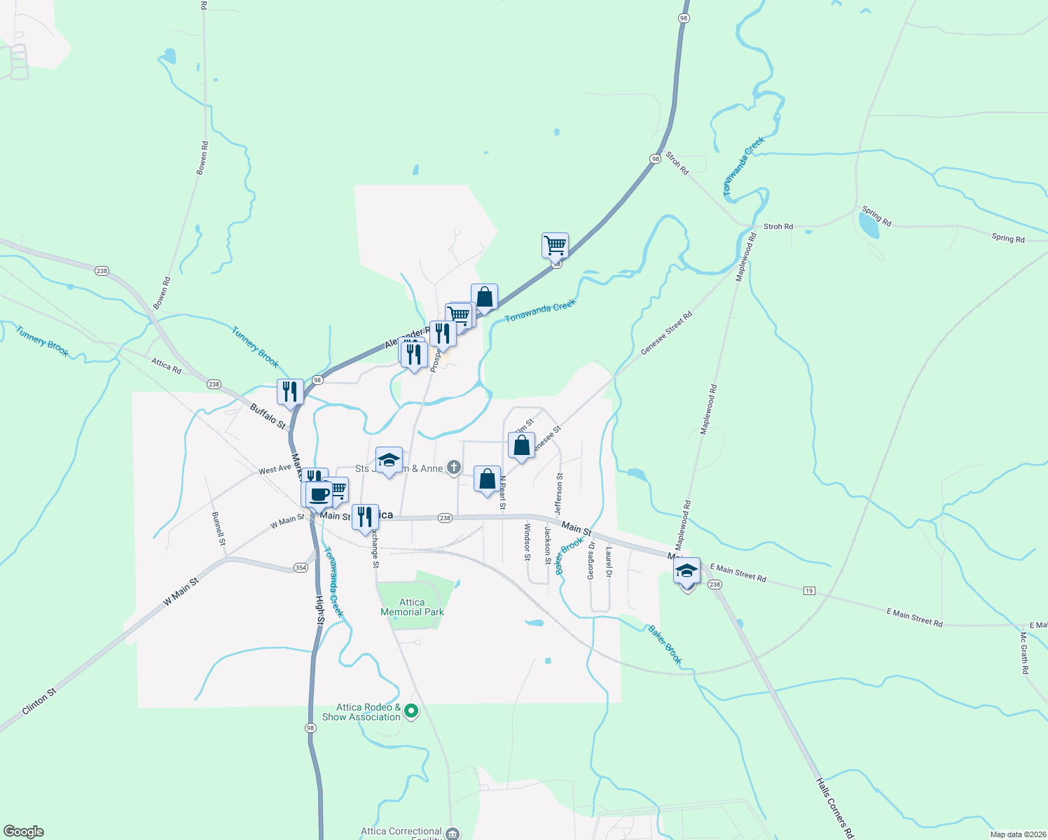 map of restaurants, bars, coffee shops, grocery stores, and more near 21 Elm St in Attica