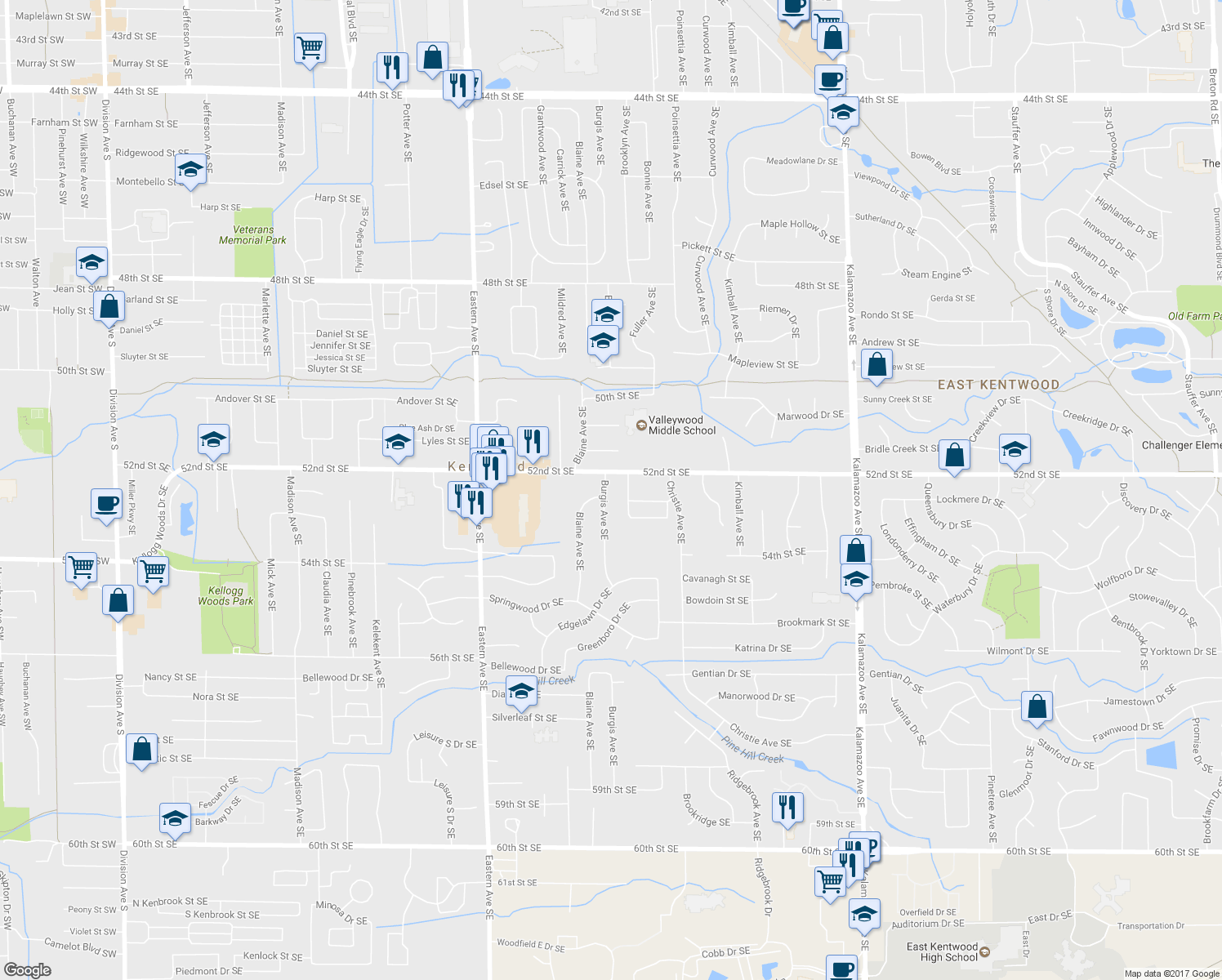 map of restaurants, bars, coffee shops, grocery stores, and more near 5238 Burgis Avenue Southeast in Kentwood
