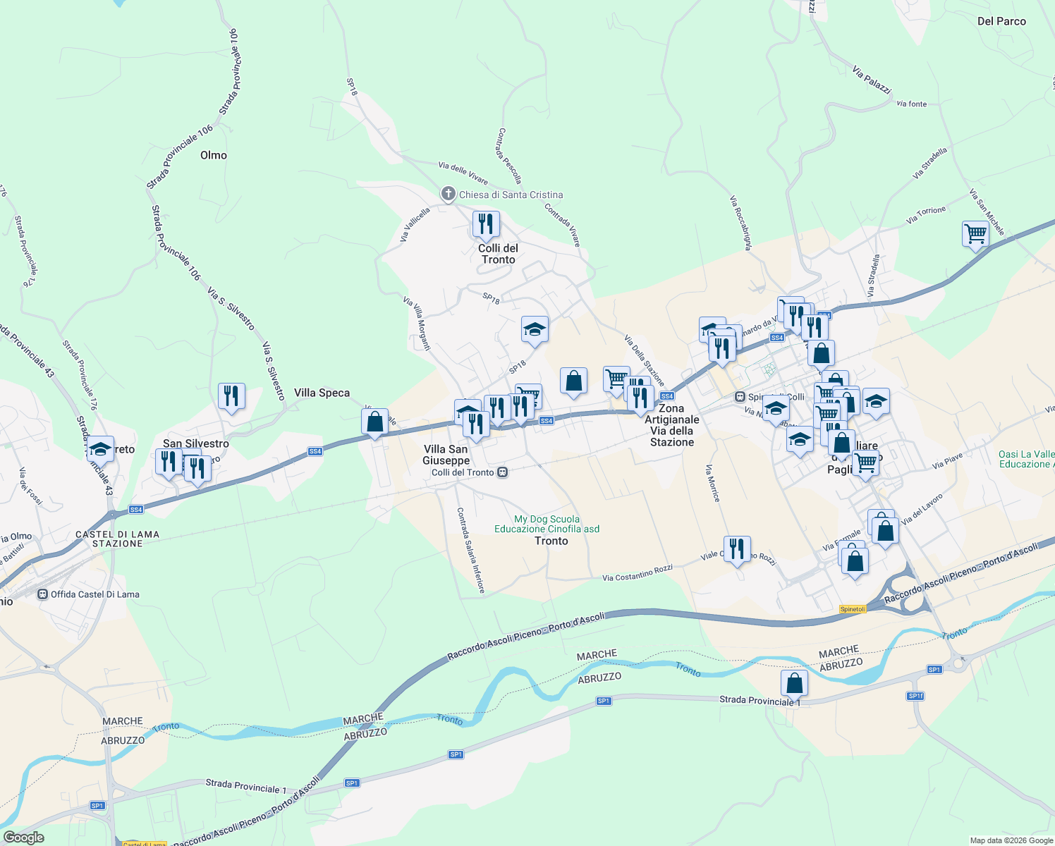 map of restaurants, bars, coffee shops, grocery stores, and more near Via Salaria in Villa San Giuseppe