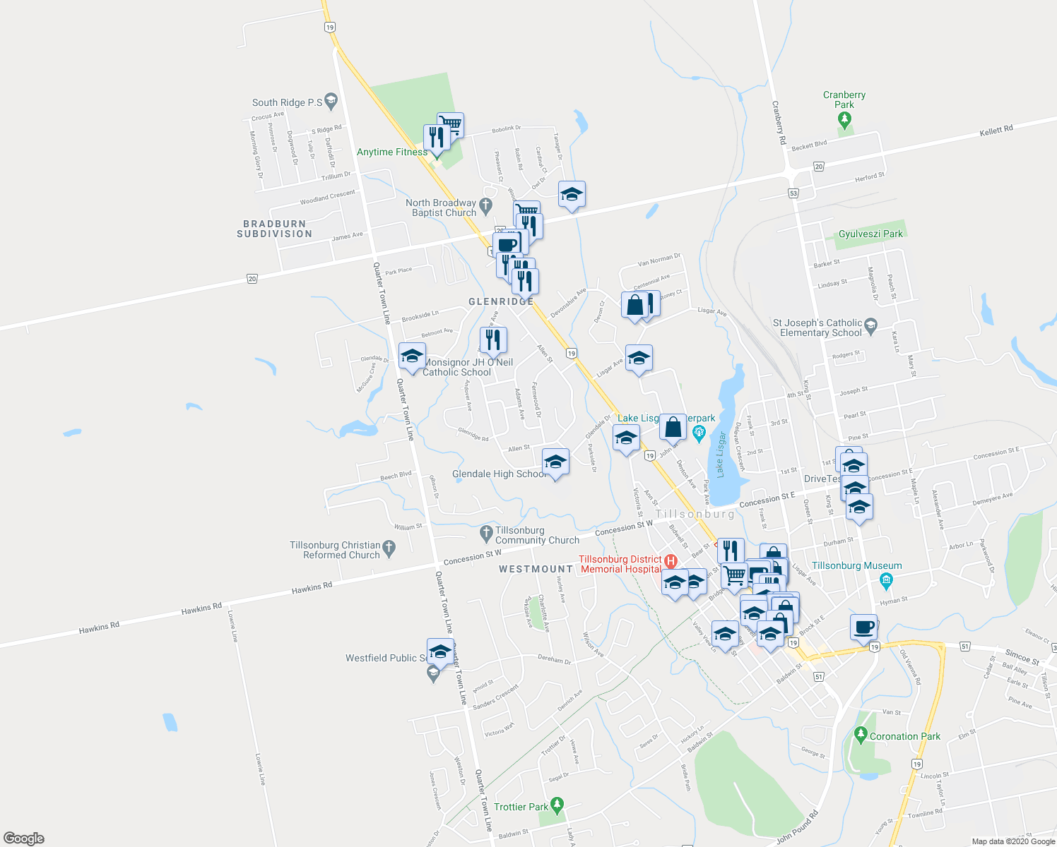 map of restaurants, bars, coffee shops, grocery stores, and more near 4 Adams Avenue in Tillsonburg