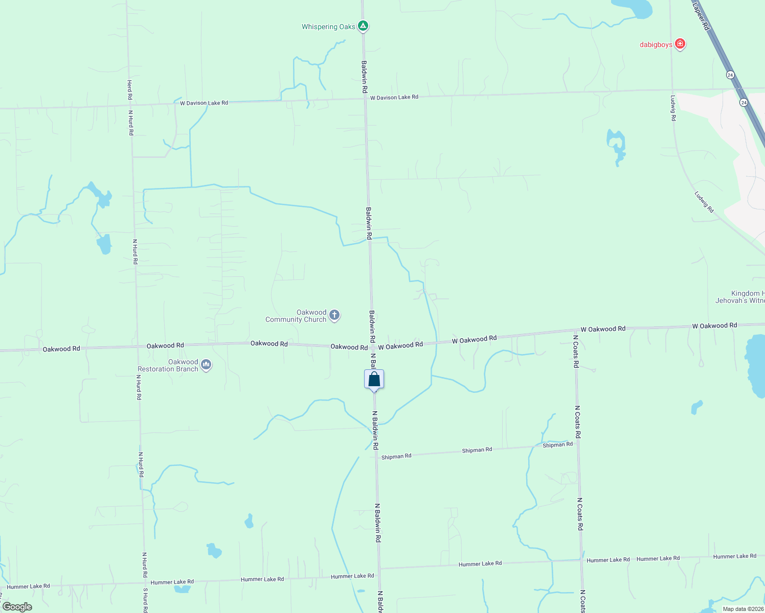 map of restaurants, bars, coffee shops, grocery stores, and more near 3168 Baldwin Road in Oakland County