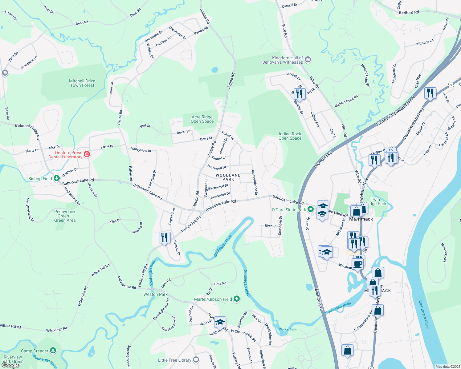 map of restaurants, bars, coffee shops, grocery stores, and more near 9 Woodland Dr in Merrimack