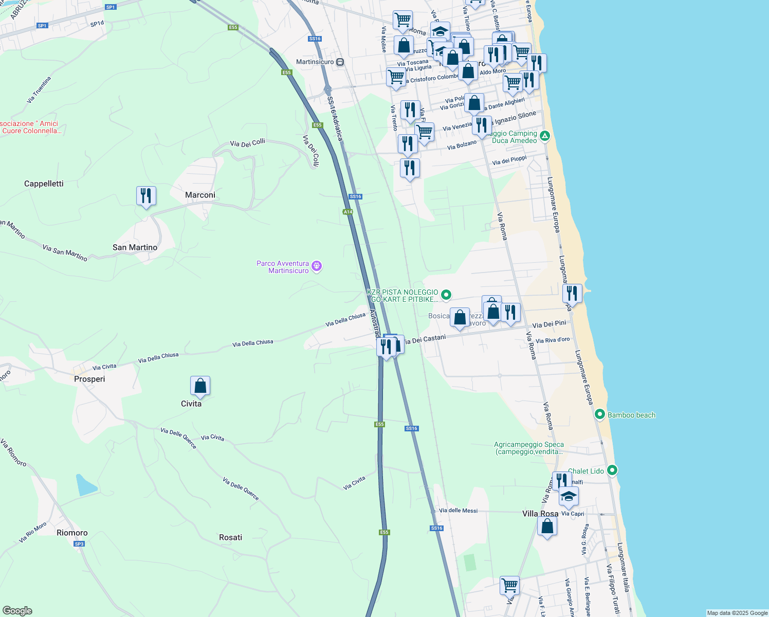 map of restaurants, bars, coffee shops, grocery stores, and more near Strada Statale 16 in Martinsicuro