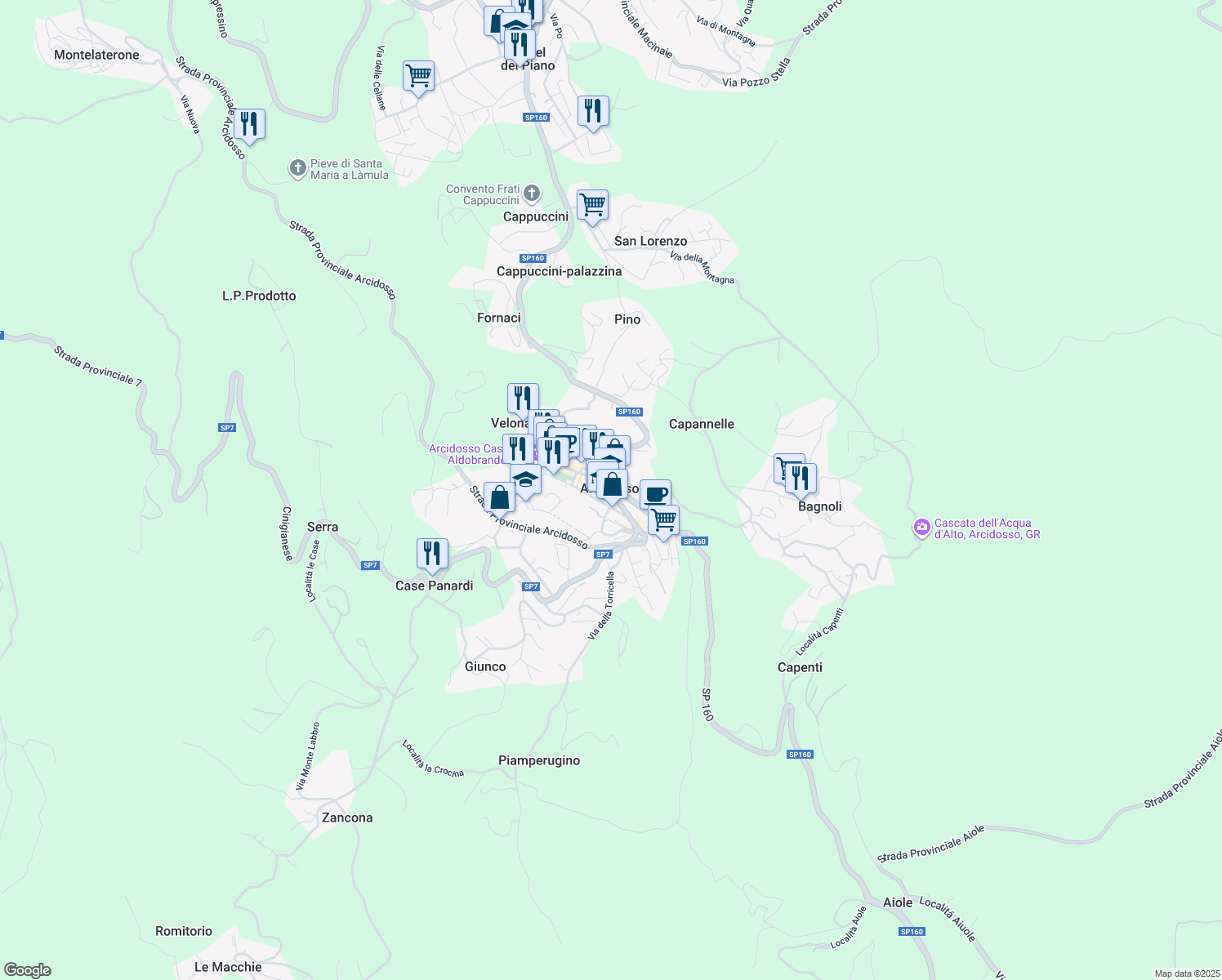 map of restaurants, bars, coffee shops, grocery stores, and more near in Arcidosso