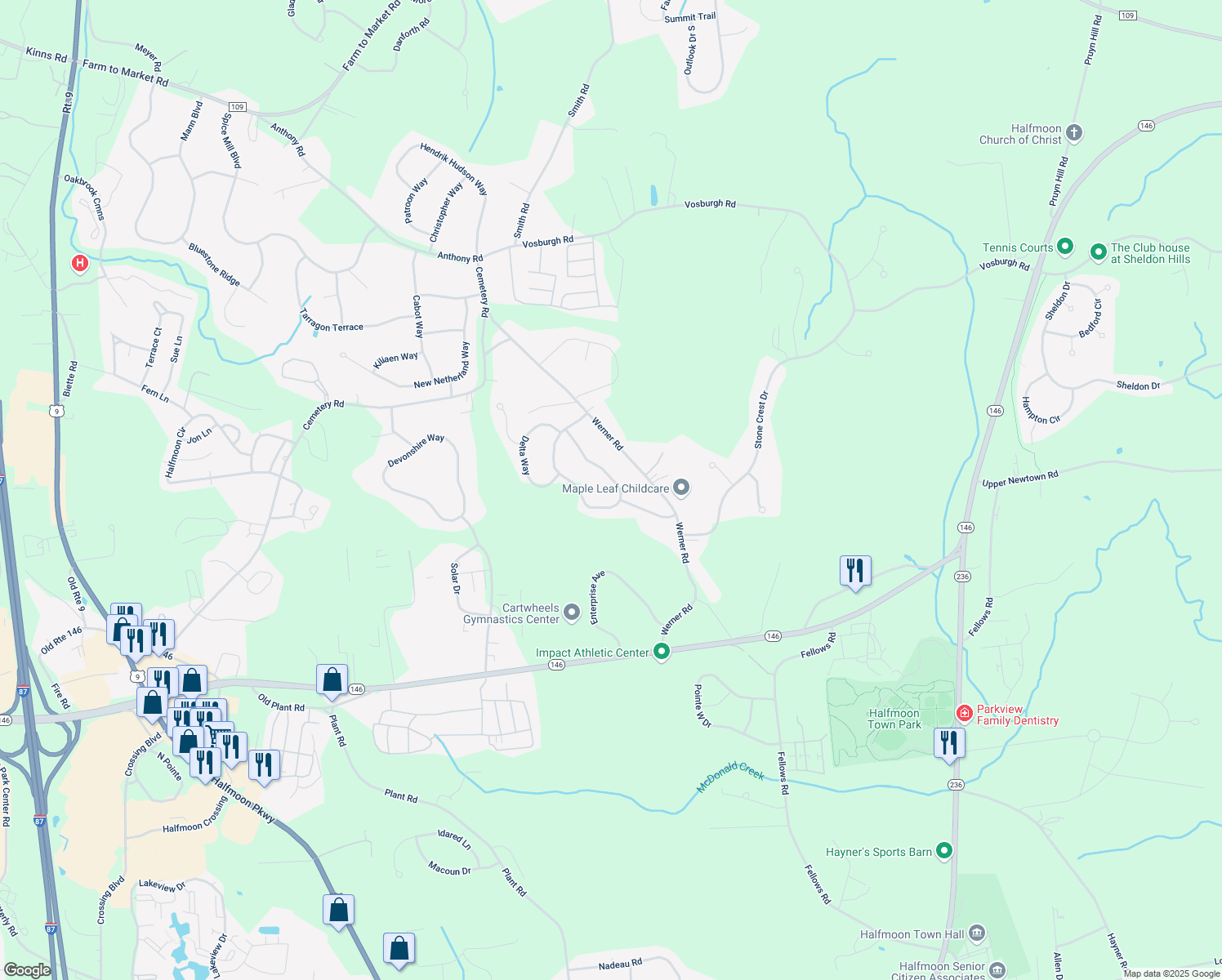 map of restaurants, bars, coffee shops, grocery stores, and more near 34 Willowbrook Terrace in Saratoga County