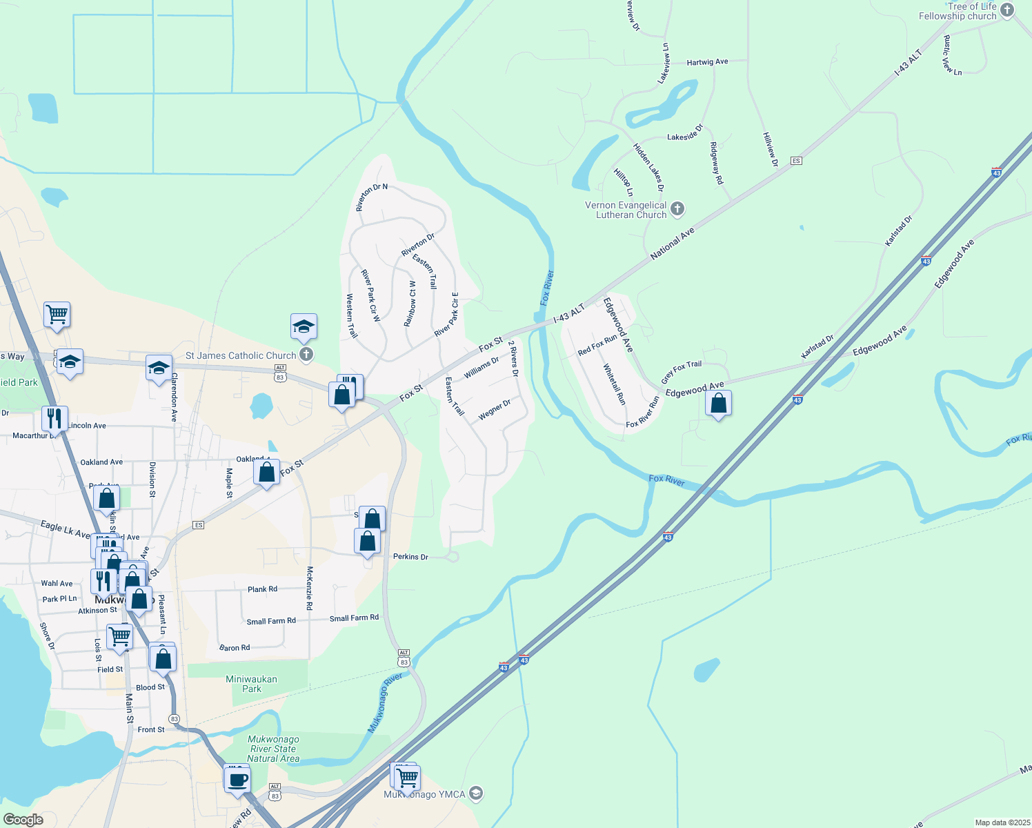 map of restaurants, bars, coffee shops, grocery stores, and more near 629 2 Rivers Dr in Mukwonago