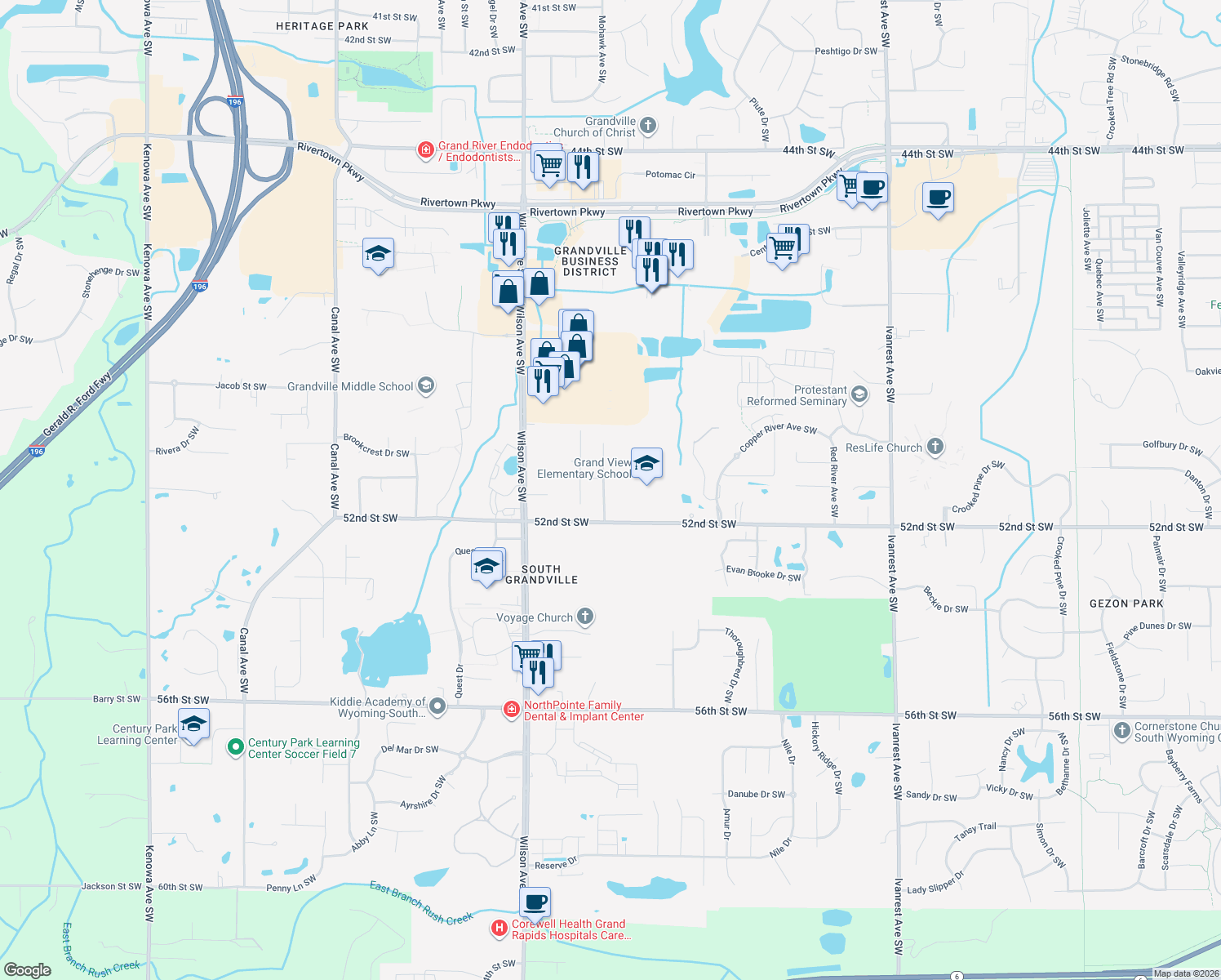 map of restaurants, bars, coffee shops, grocery stores, and more near 5138 Alexandria Dr SW in Wyoming