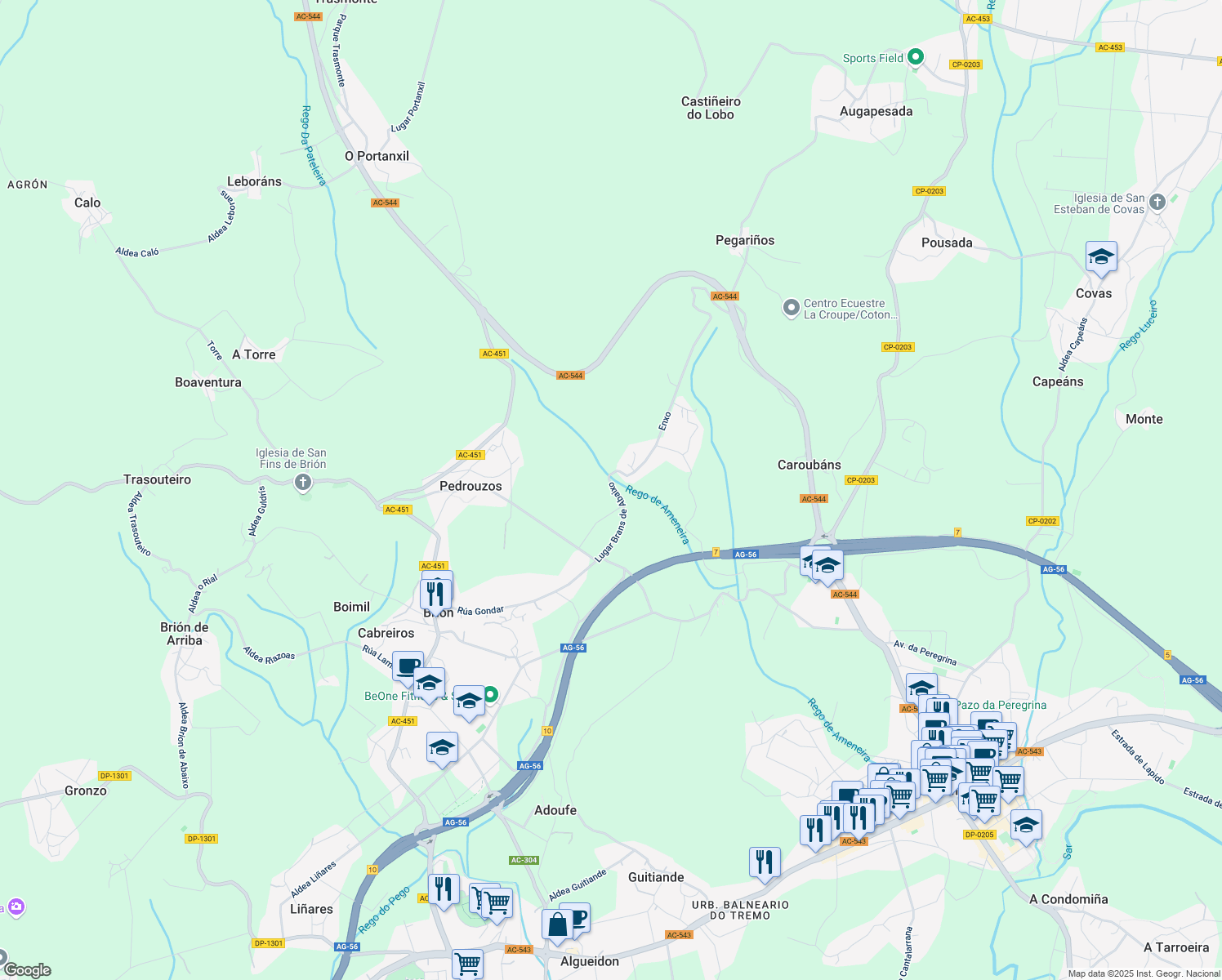 map of restaurants, bars, coffee shops, grocery stores, and more near 33 Lugar Brans de Abaixo in Brión