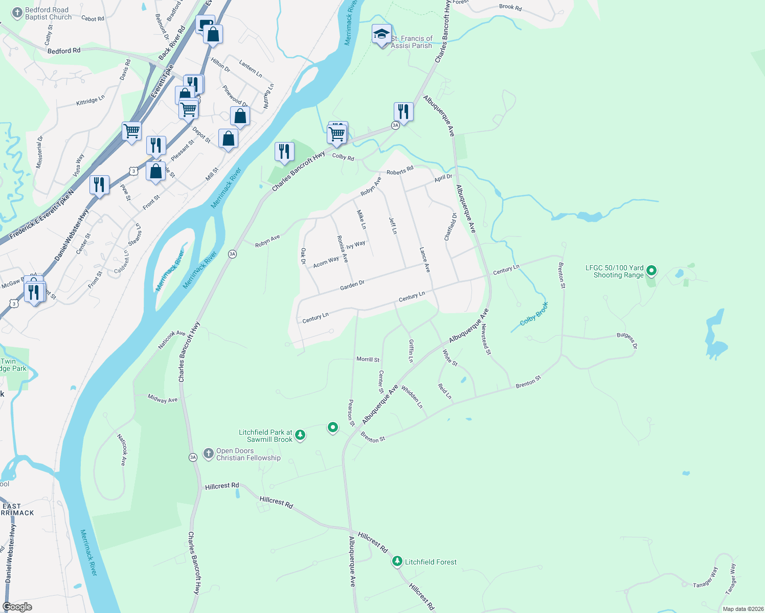 map of restaurants, bars, coffee shops, grocery stores, and more near 19 Century Lane in Litchfield