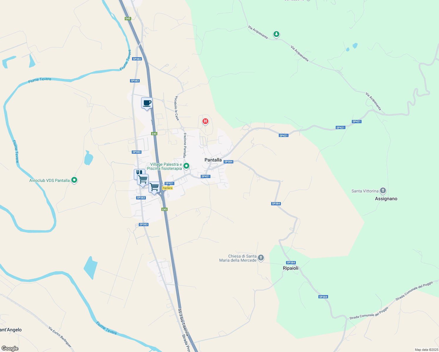 map of restaurants, bars, coffee shops, grocery stores, and more near 54 Frazione Pantalla in Pantalla