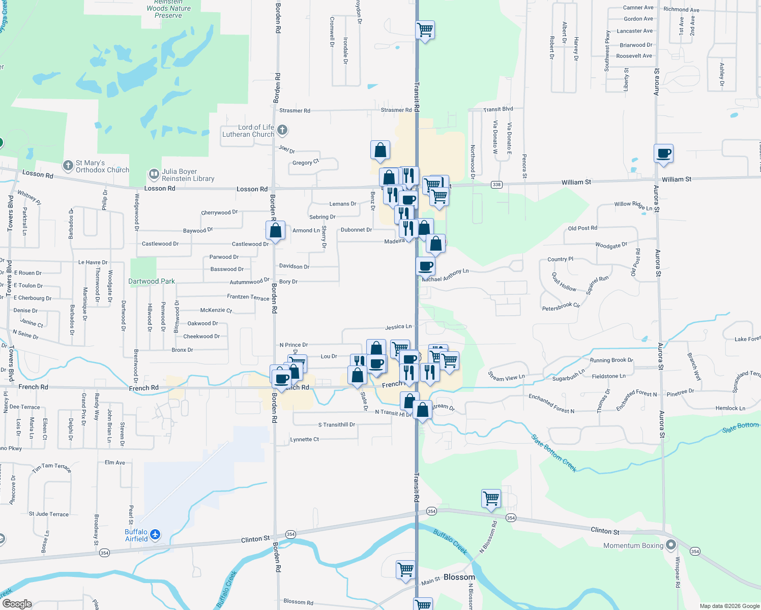 map of restaurants, bars, coffee shops, grocery stores, and more near 4836 Transit Road in Depew
