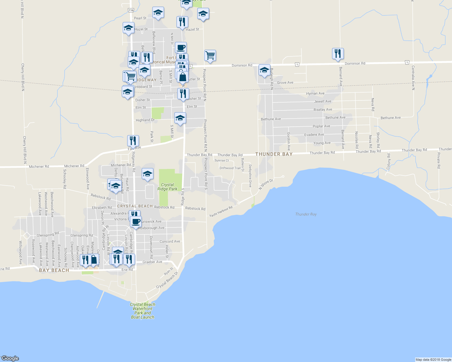 map of restaurants, bars, coffee shops, grocery stores, and more near 3538 Algonquin Drive in Fort Erie