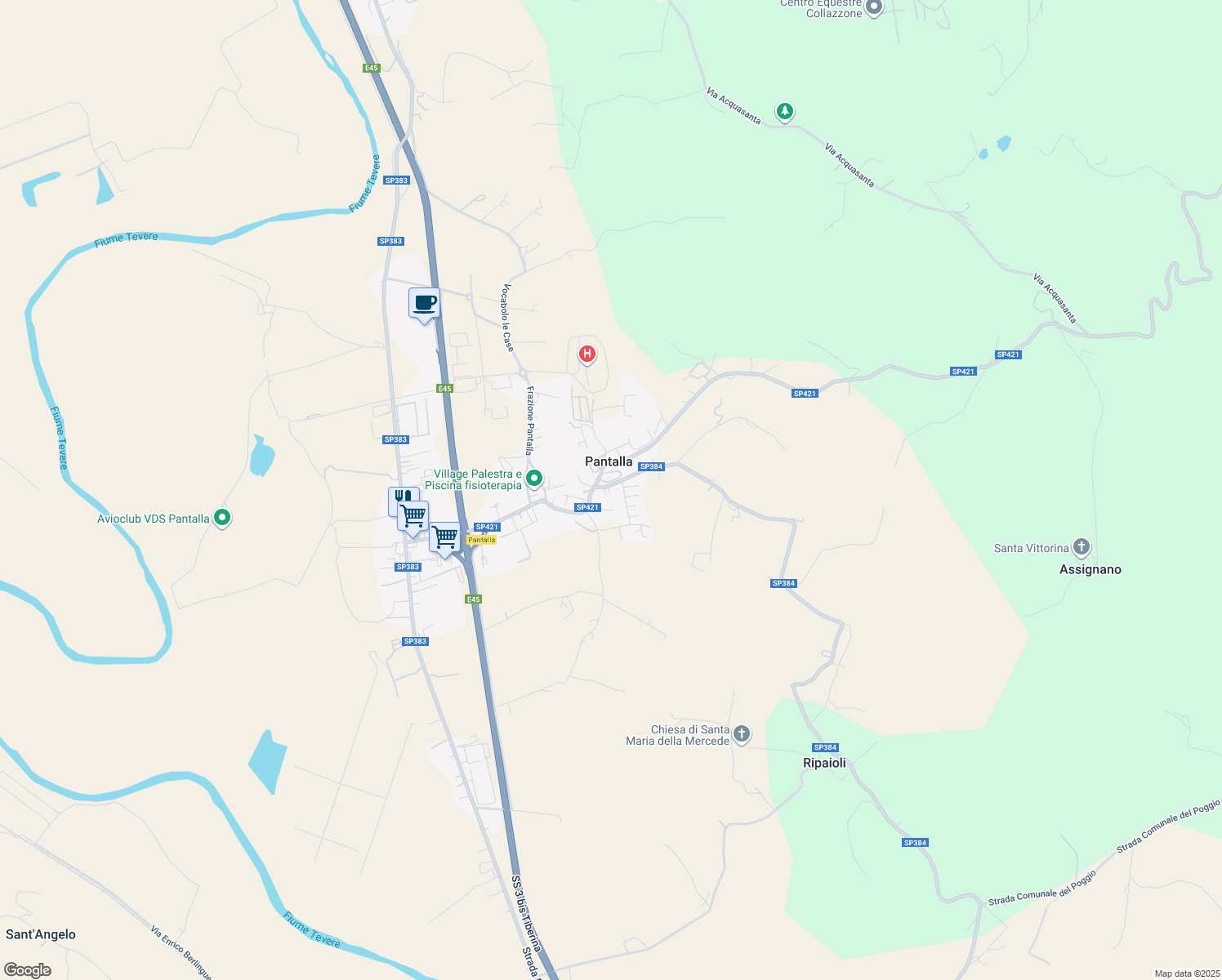 map of restaurants, bars, coffee shops, grocery stores, and more near 54 Frazione Pantalla in Pantalla