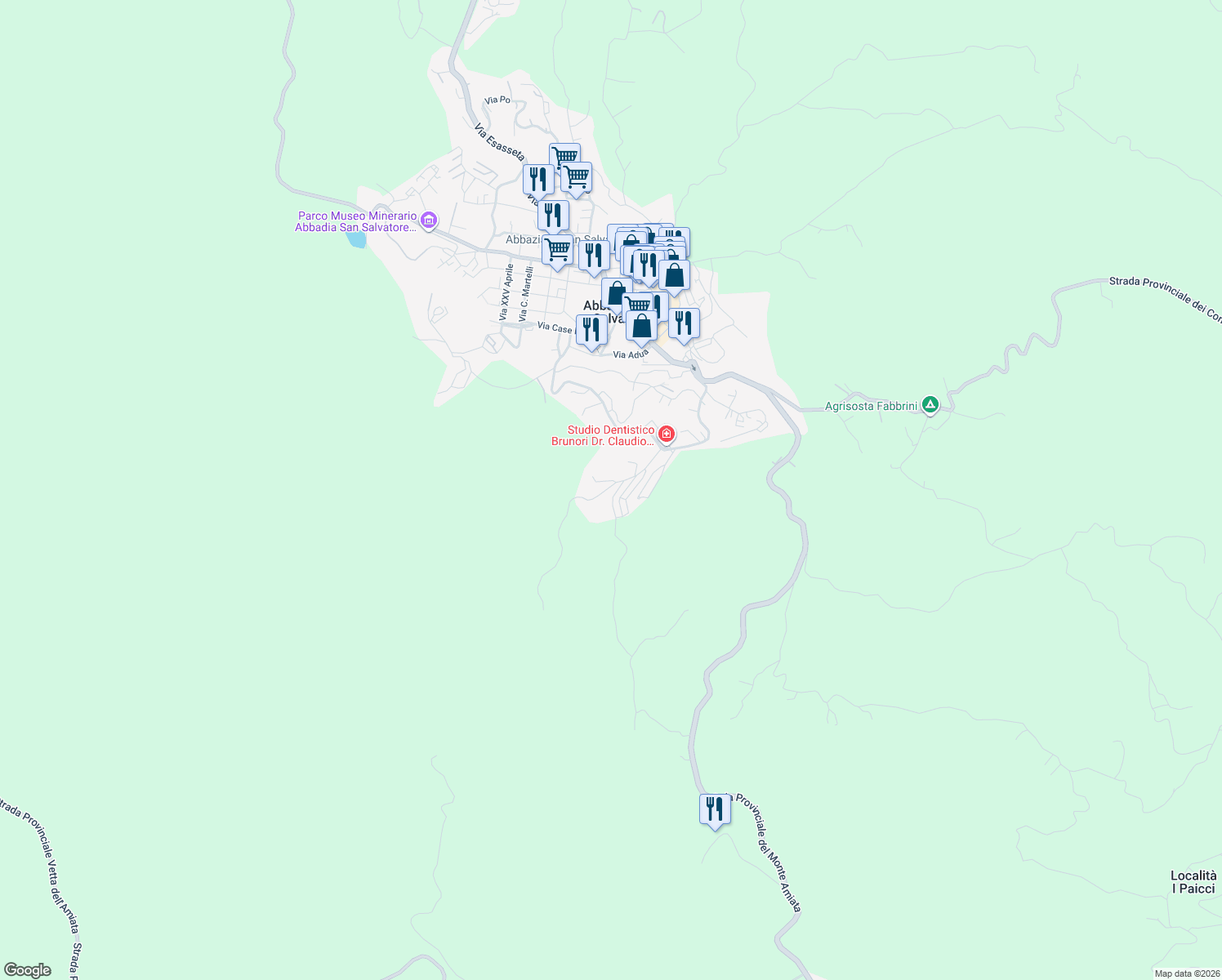 map of restaurants, bars, coffee shops, grocery stores, and more near 15 Via San Andrea in Abbadia San Salvatore