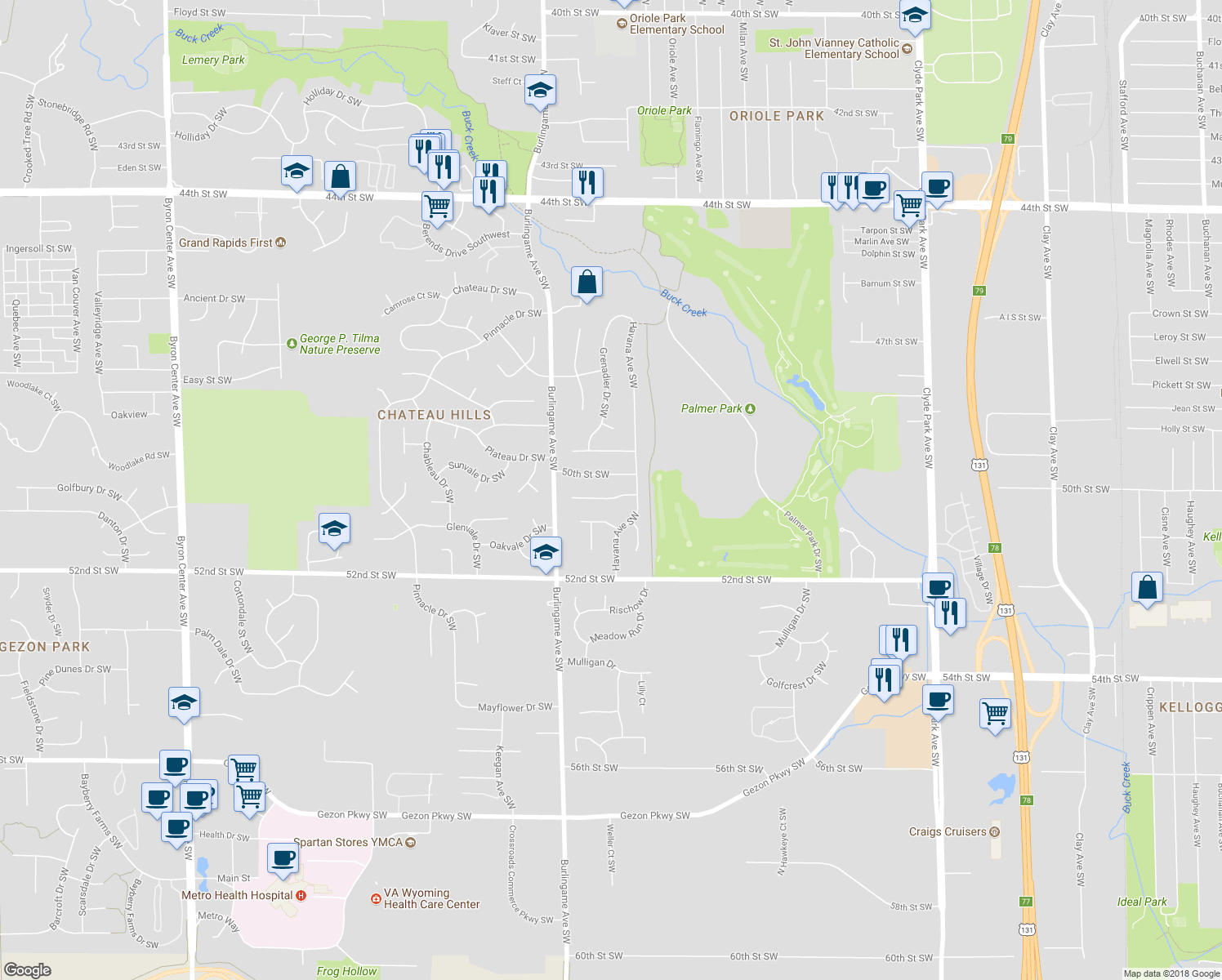 map of restaurants, bars, coffee shops, grocery stores, and more near 1491 Woodhill Court Southwest in Wyoming