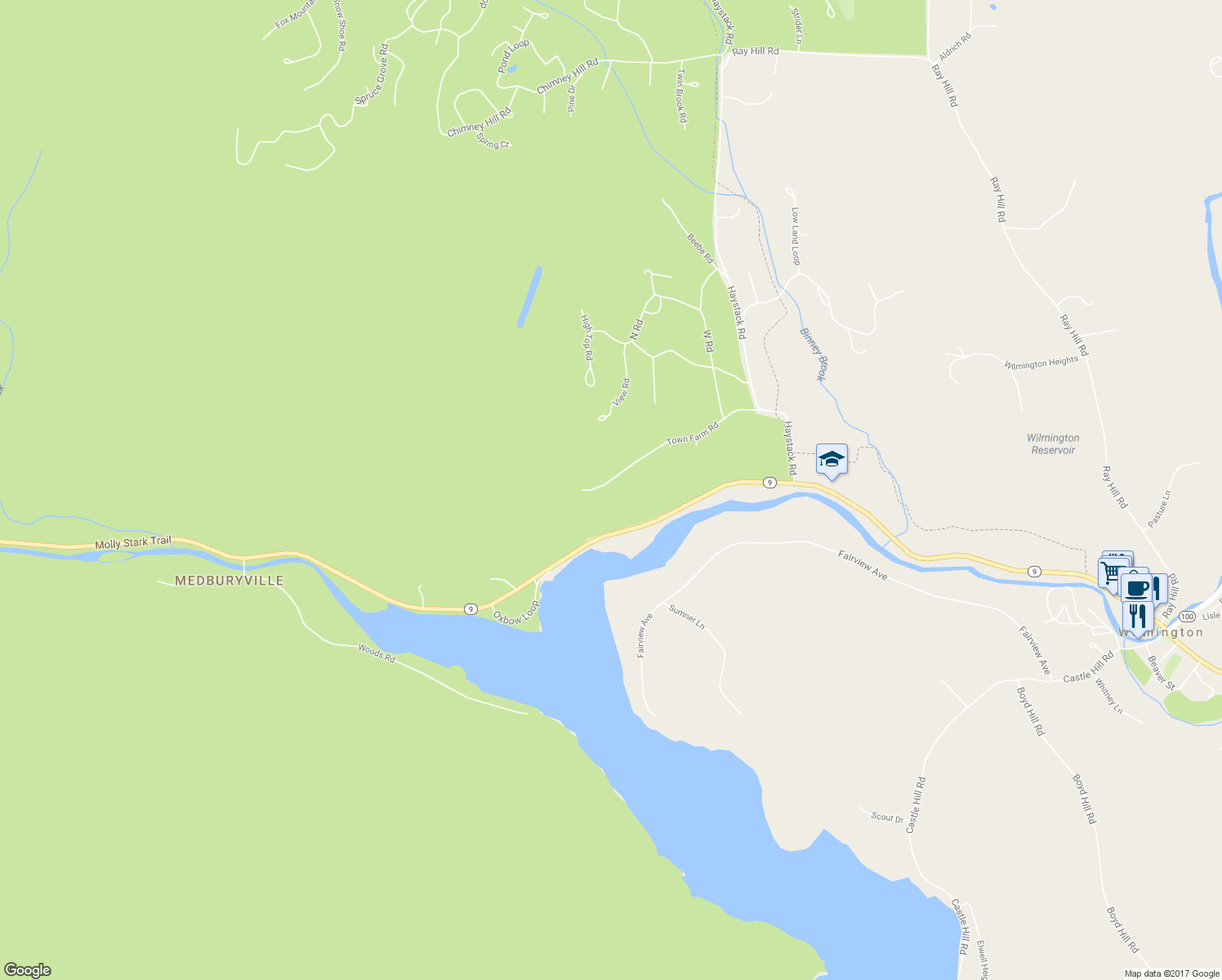 map of restaurants, bars, coffee shops, grocery stores, and more near 92 Town Farm Road in Wilmington