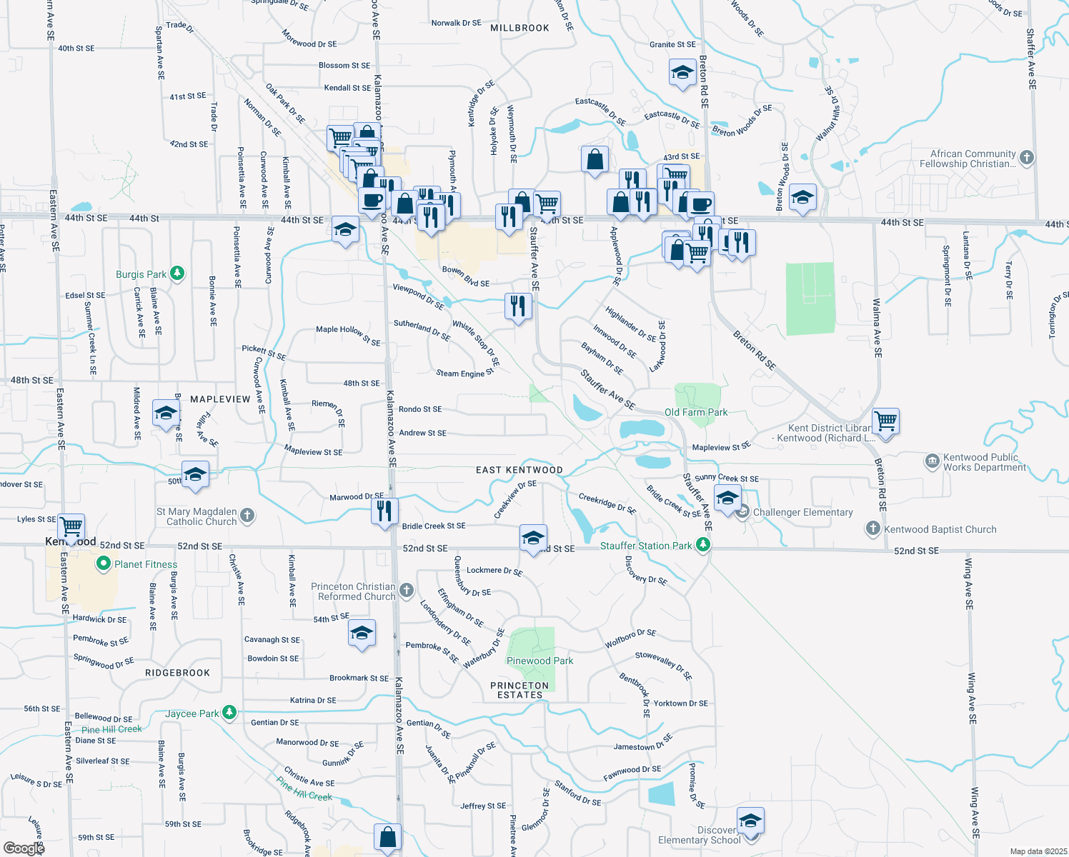 map of restaurants, bars, coffee shops, grocery stores, and more near 1933 Andrew Street Southeast in Kentwood