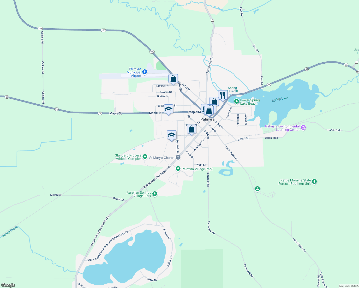 map of restaurants, bars, coffee shops, grocery stores, and more near 152 Burr Oak Street in Palmyra