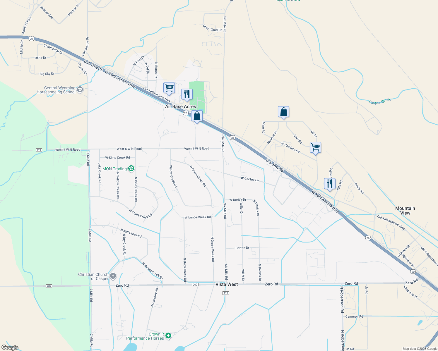 map of restaurants, bars, coffee shops, grocery stores, and more near 7277 W Cactus Ln in Casper