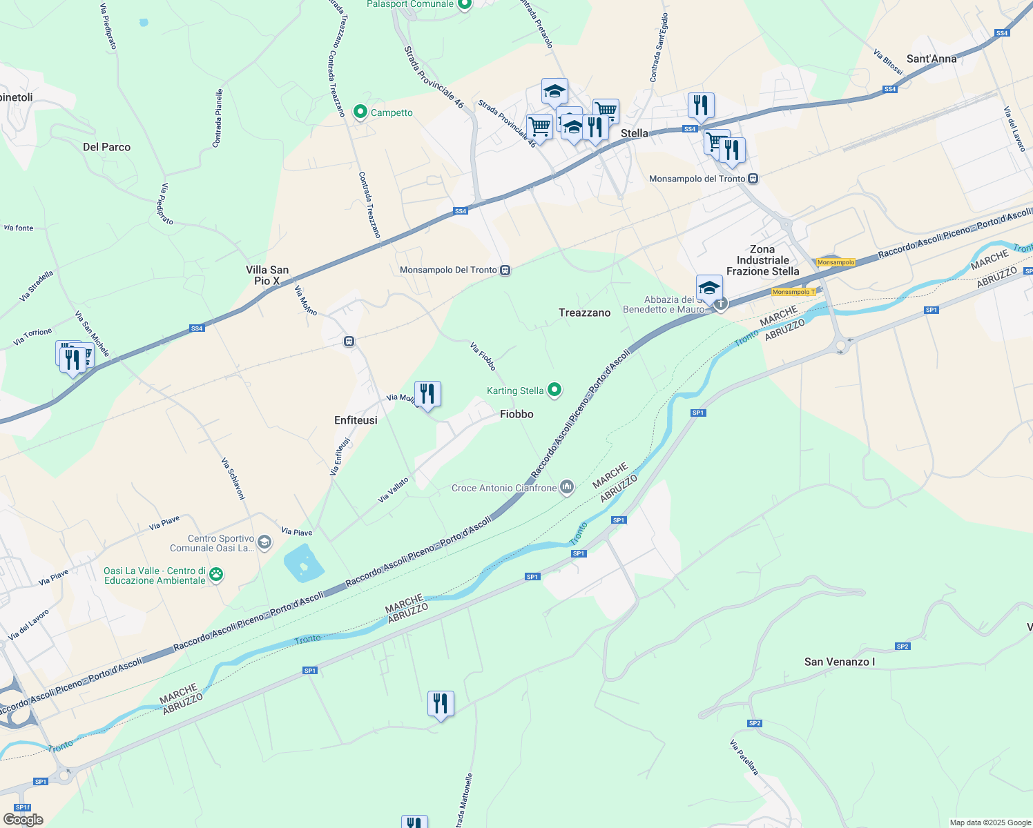 map of restaurants, bars, coffee shops, grocery stores, and more near 44 Via Fiobbo in Ascoli Piceno