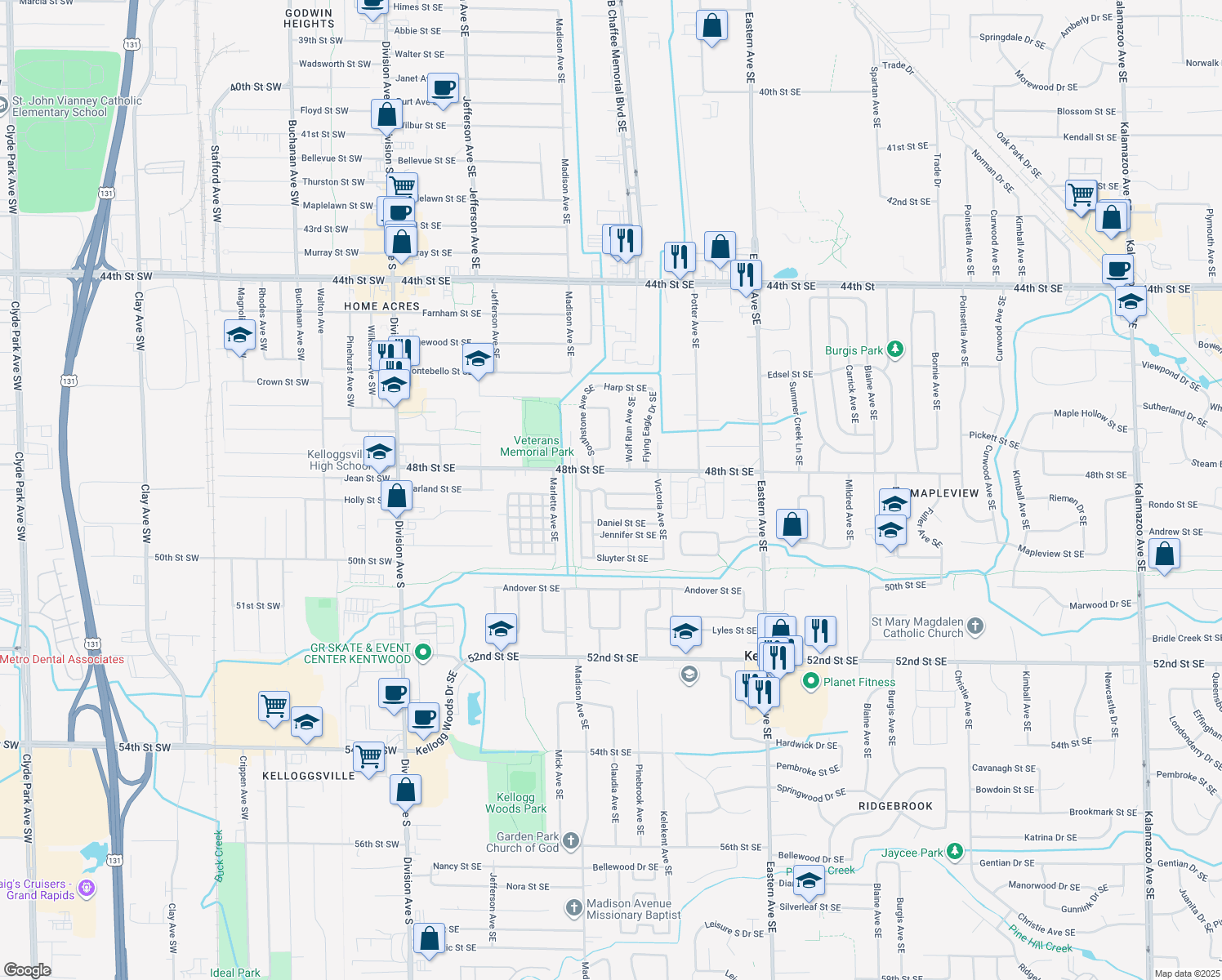 map of restaurants, bars, coffee shops, grocery stores, and more near 555 Garland Street Southeast in Kentwood