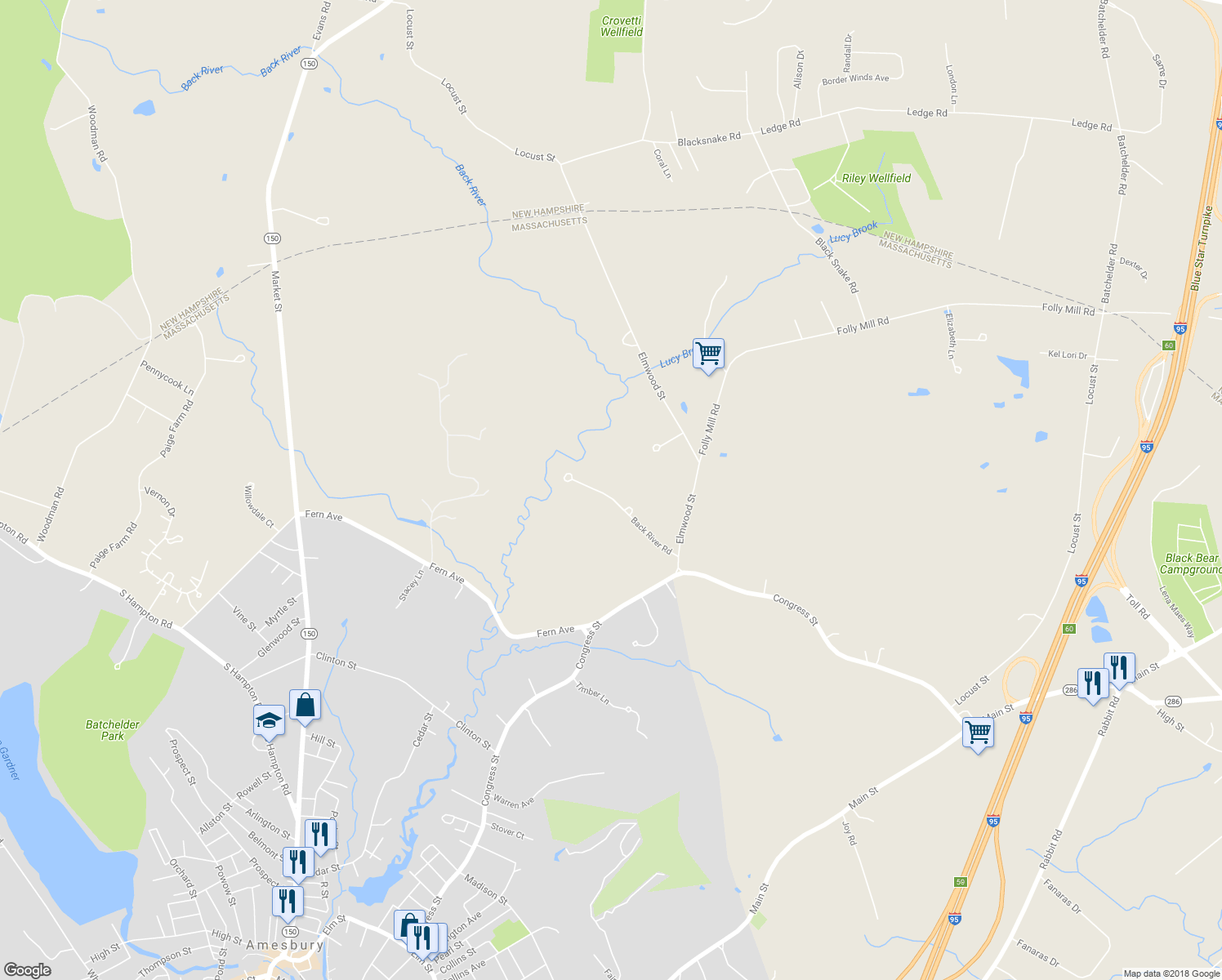map of restaurants, bars, coffee shops, grocery stores, and more near 17 Back River Road in Amesbury