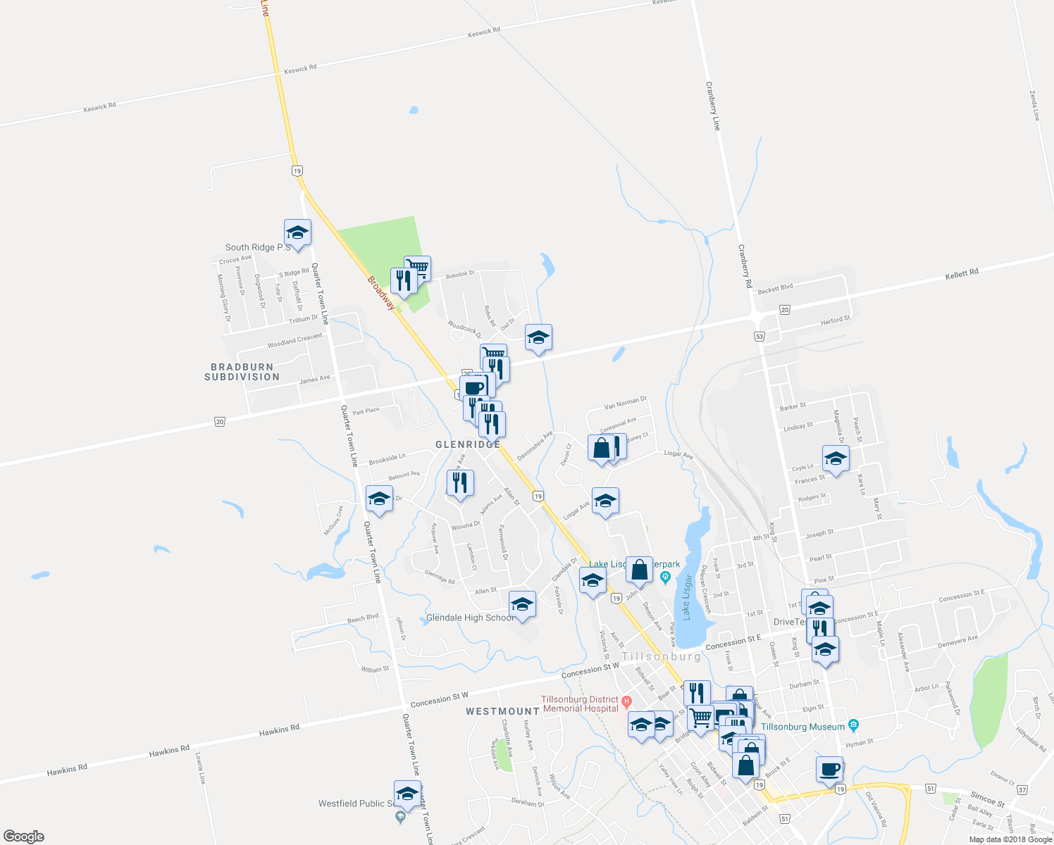 map of restaurants, bars, coffee shops, grocery stores, and more near 6 Lamers Court in Tillsonburg