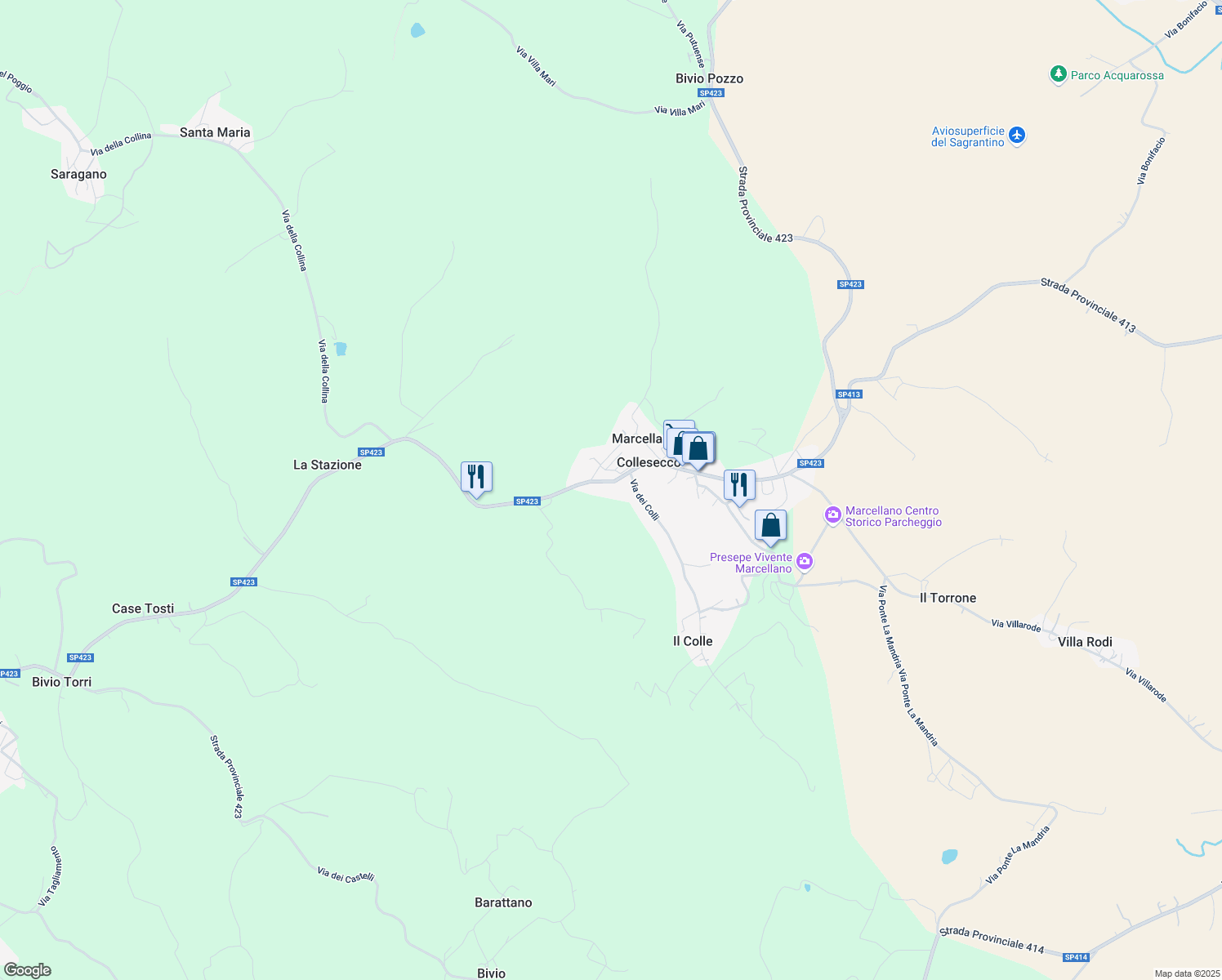 map of restaurants, bars, coffee shops, grocery stores, and more near 17 Via San Terenziano in Marcellano
