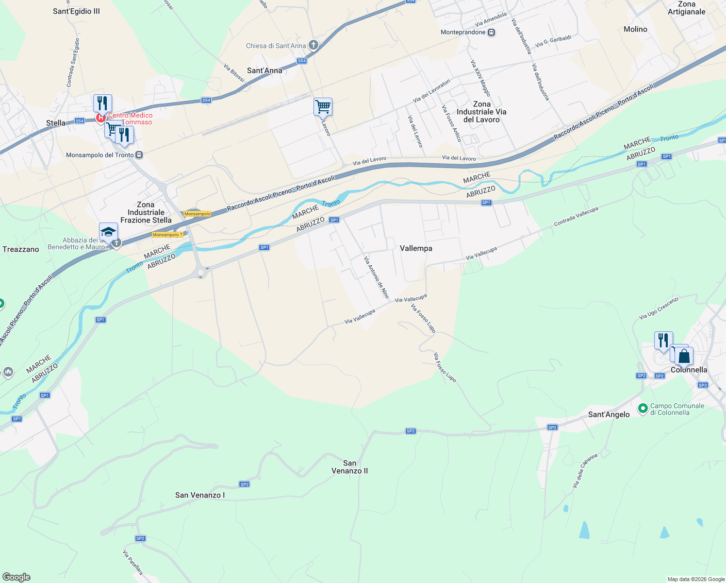 map of restaurants, bars, coffee shops, grocery stores, and more near 28 Via Francesco Savini in Vallempa