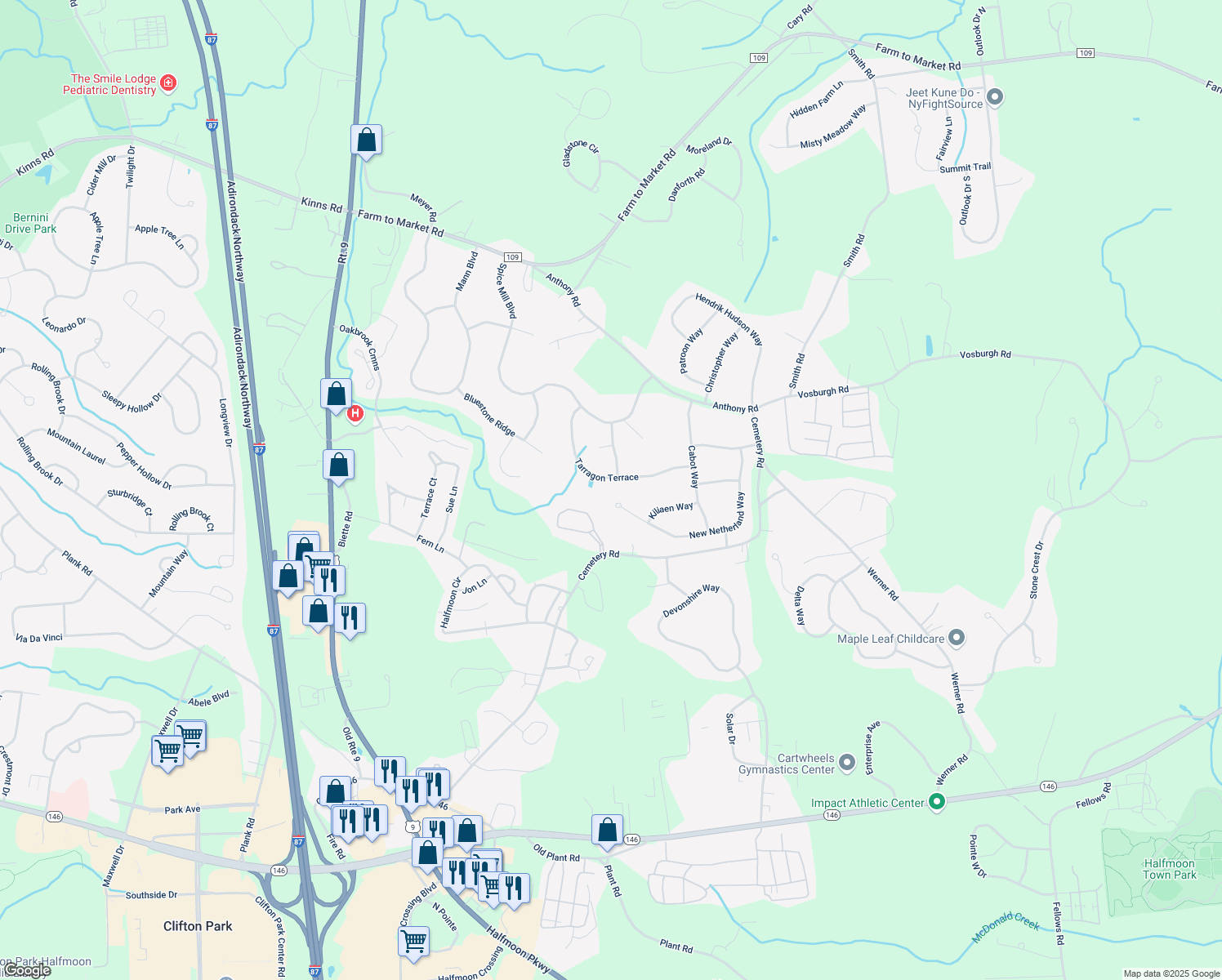 map of restaurants, bars, coffee shops, grocery stores, and more near 20 Tarragon Terrace in Saratoga County