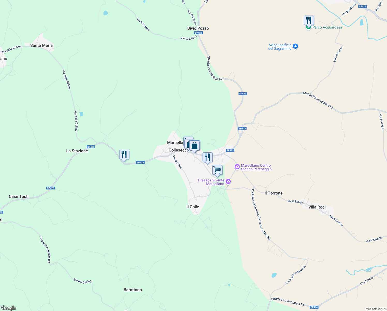 map of restaurants, bars, coffee shops, grocery stores, and more near 17 Via San Terenziano in Marcellano