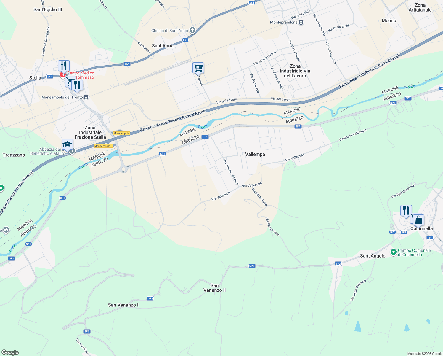 map of restaurants, bars, coffee shops, grocery stores, and more near 28 Via Francesco Savini in Vallempa