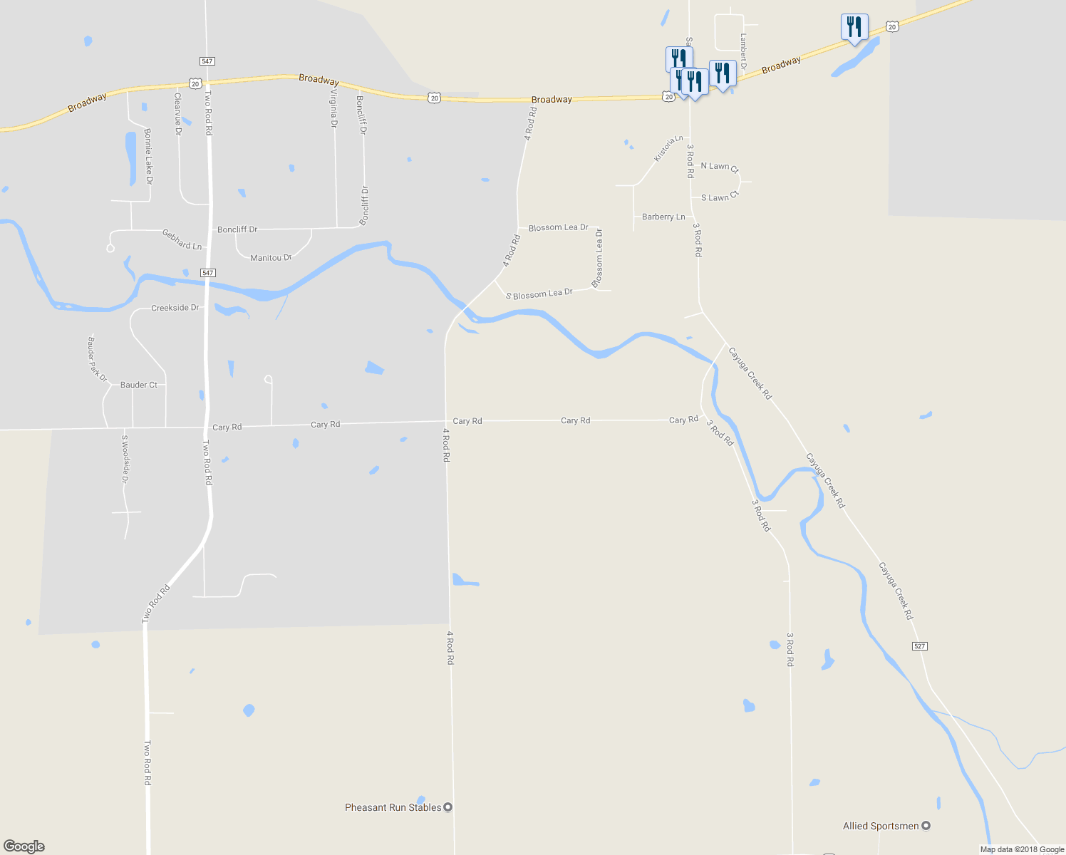 map of restaurants, bars, coffee shops, grocery stores, and more near 12191 Cary Road in Alden